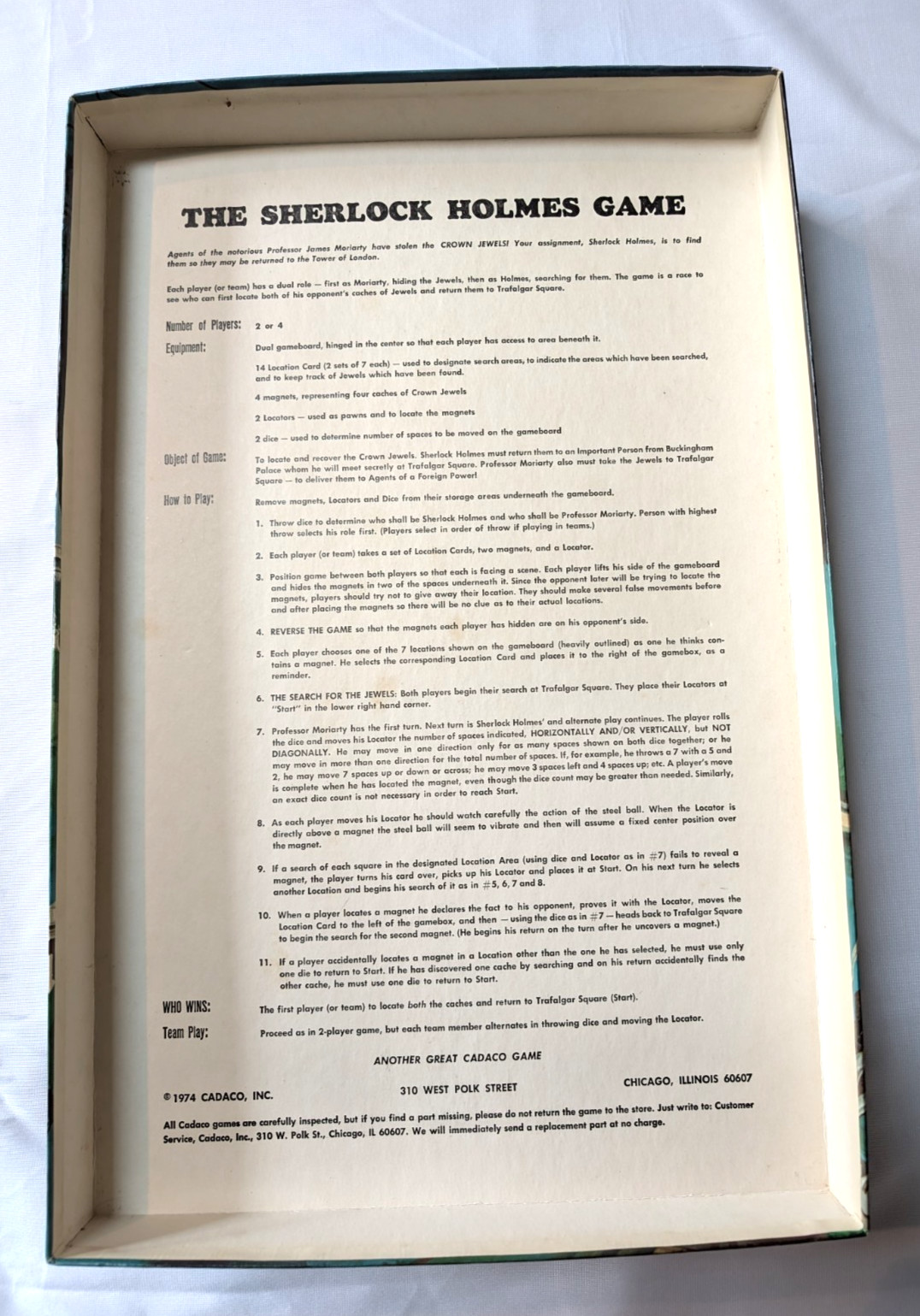 1974 Sherlock Holmes Mystery Board Game Cadaco COMPLETE & UNPUNCHED (h)