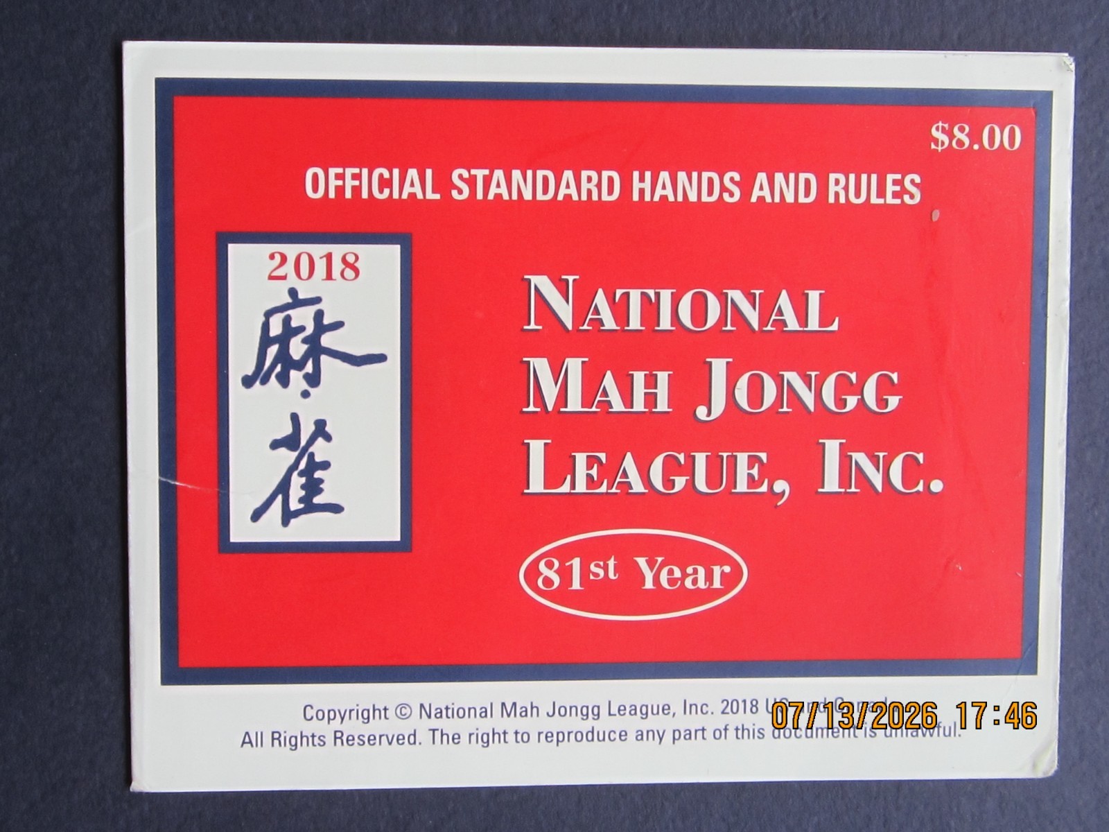 National Mah Jongg League Card 2018 Standard Size