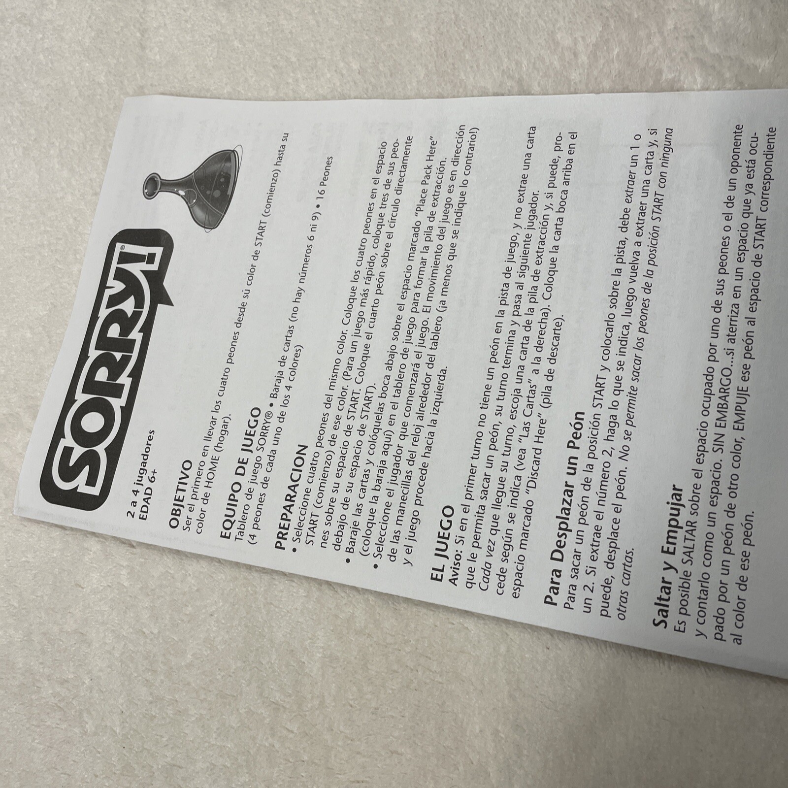 2005 Spanish Board Game Instruction Manual Replacement Part Only Hasbro