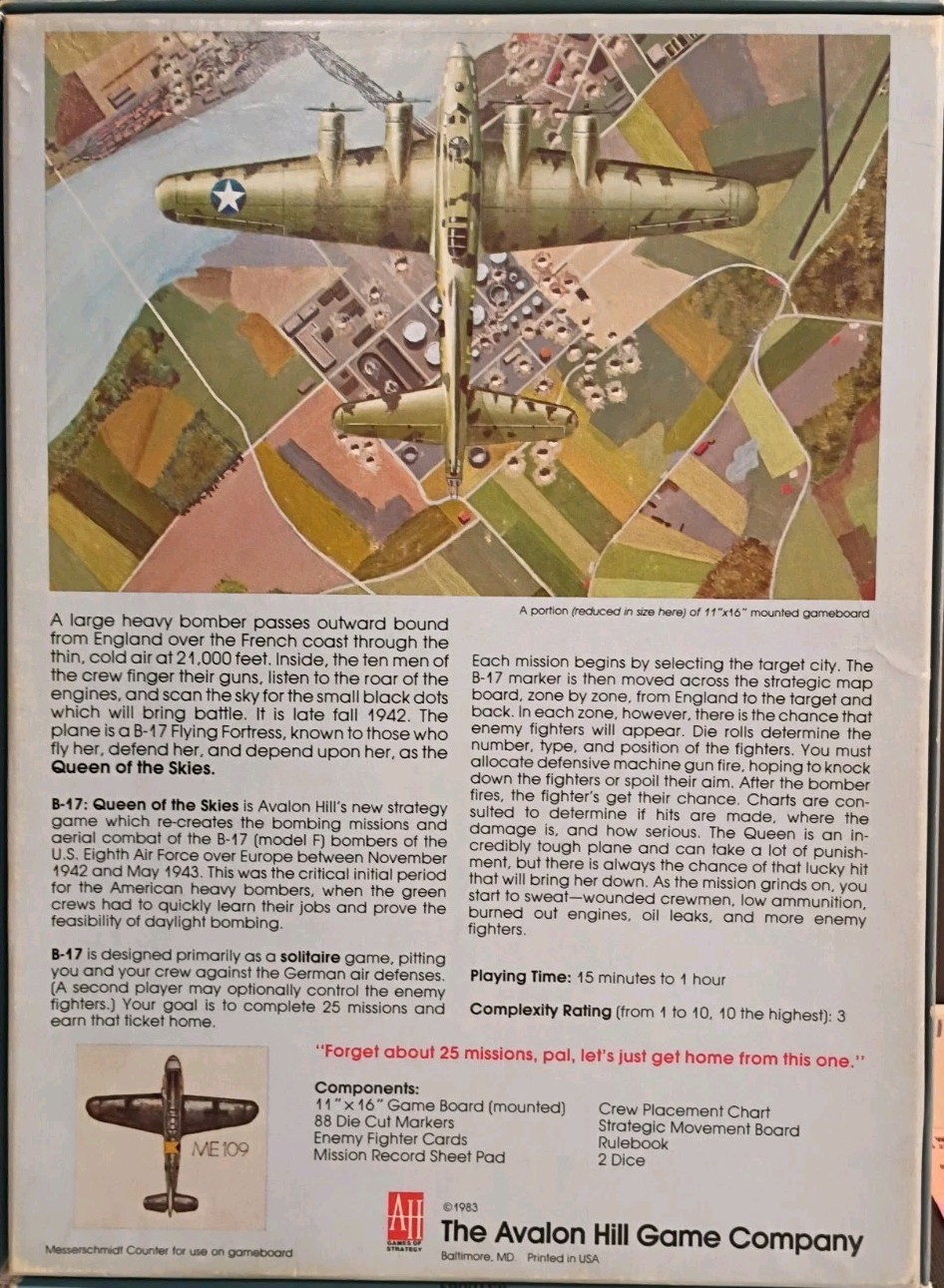 The Avalon Hill Game Company B-17 Queen Of The Skies Parts Only Box