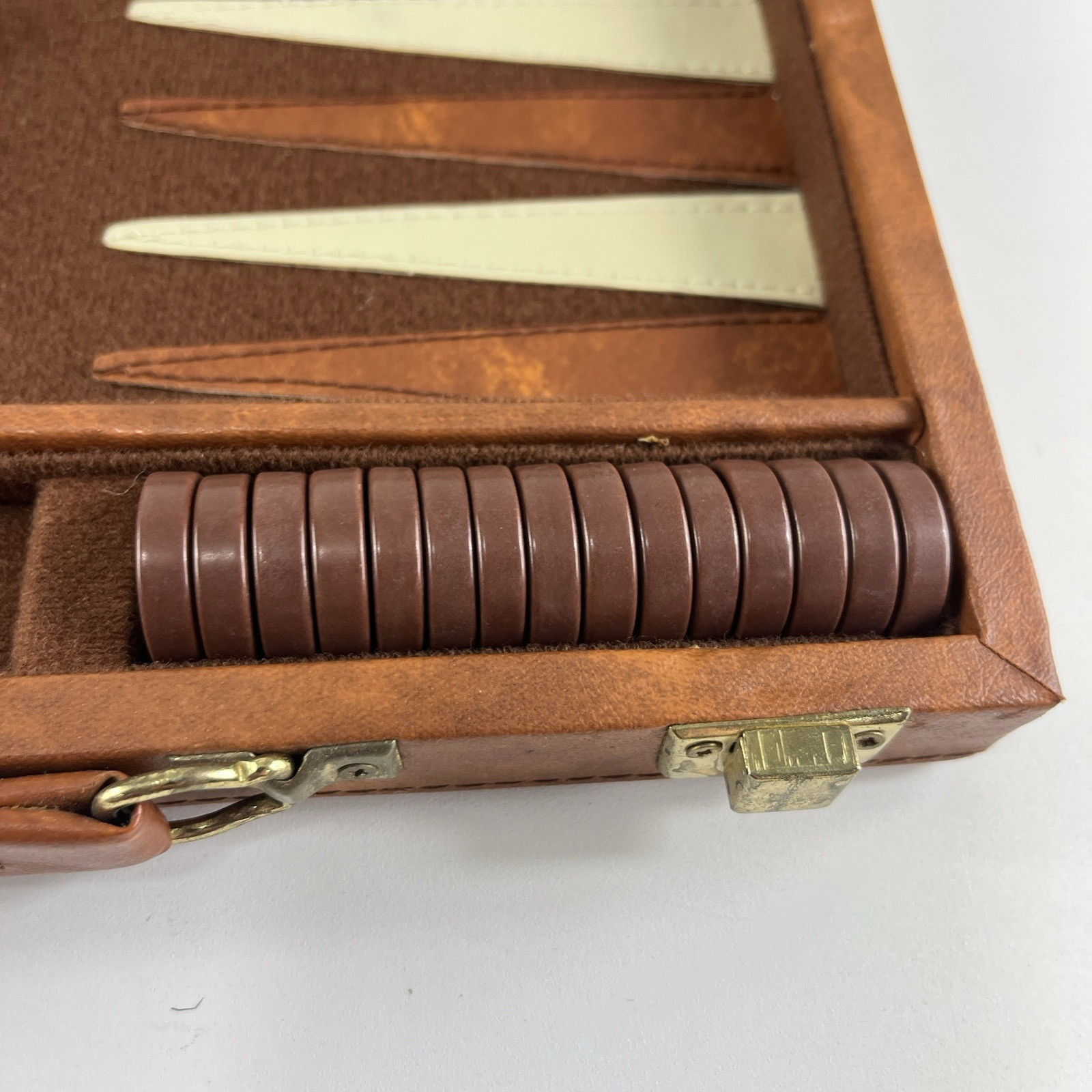 Backgammon Travel Case Game Complete Brown & White Faux Leather Vintage