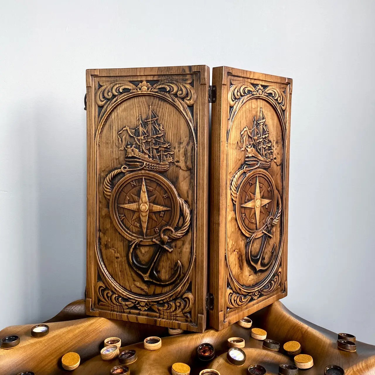 Premium WOODEN BACKGAMMON Set Marine Compass 48cm (19″), Carved, Sailboat, Yacht