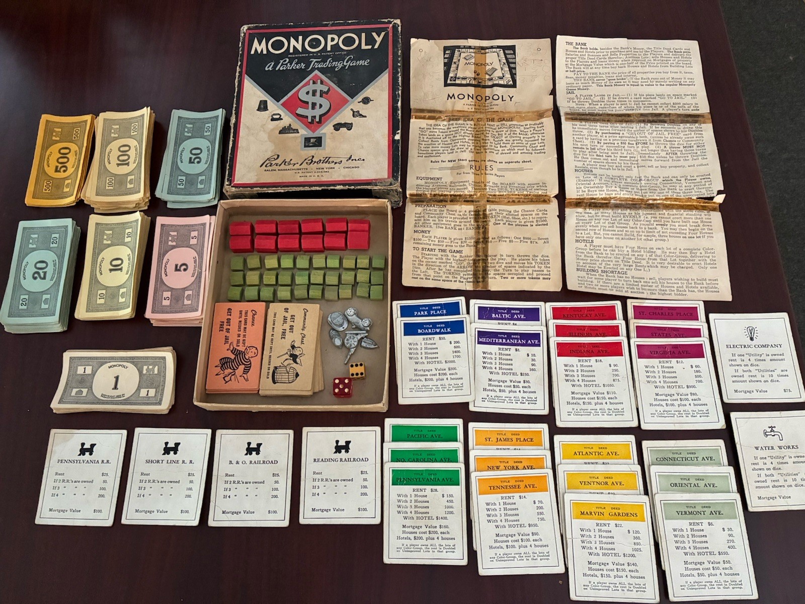Vintage 1936 Monopoly Game Black Box Wood Houses Missing Pieces & Board. See Pic
