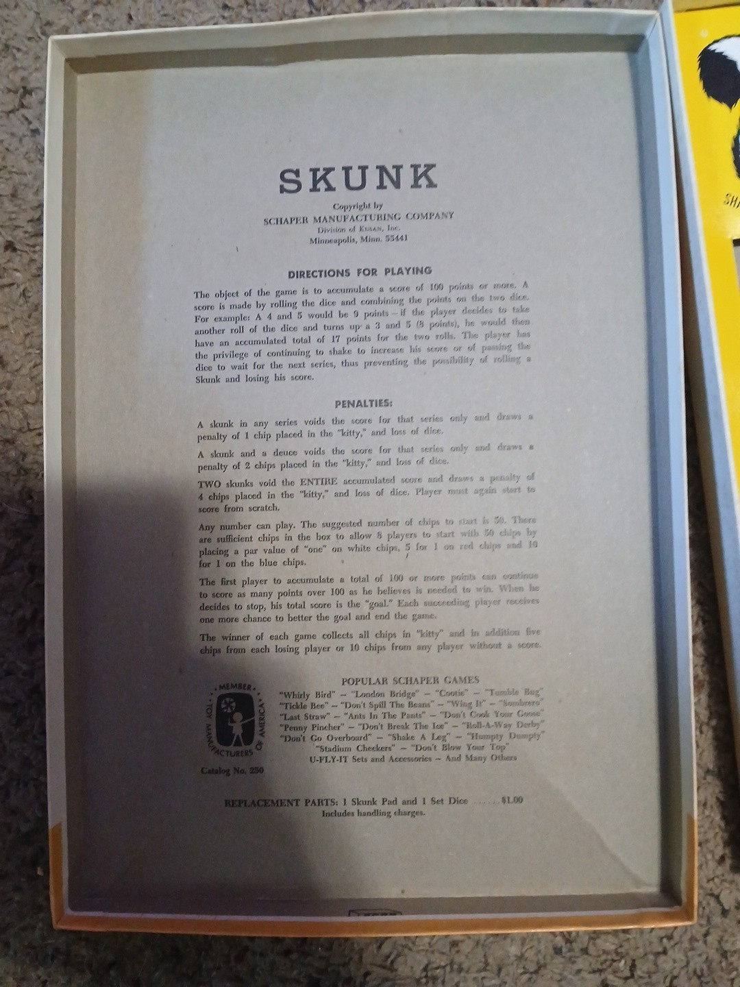 Vintage Skunk Board Game Schaper # 250 Party Game for All Ages 1968 No Dice