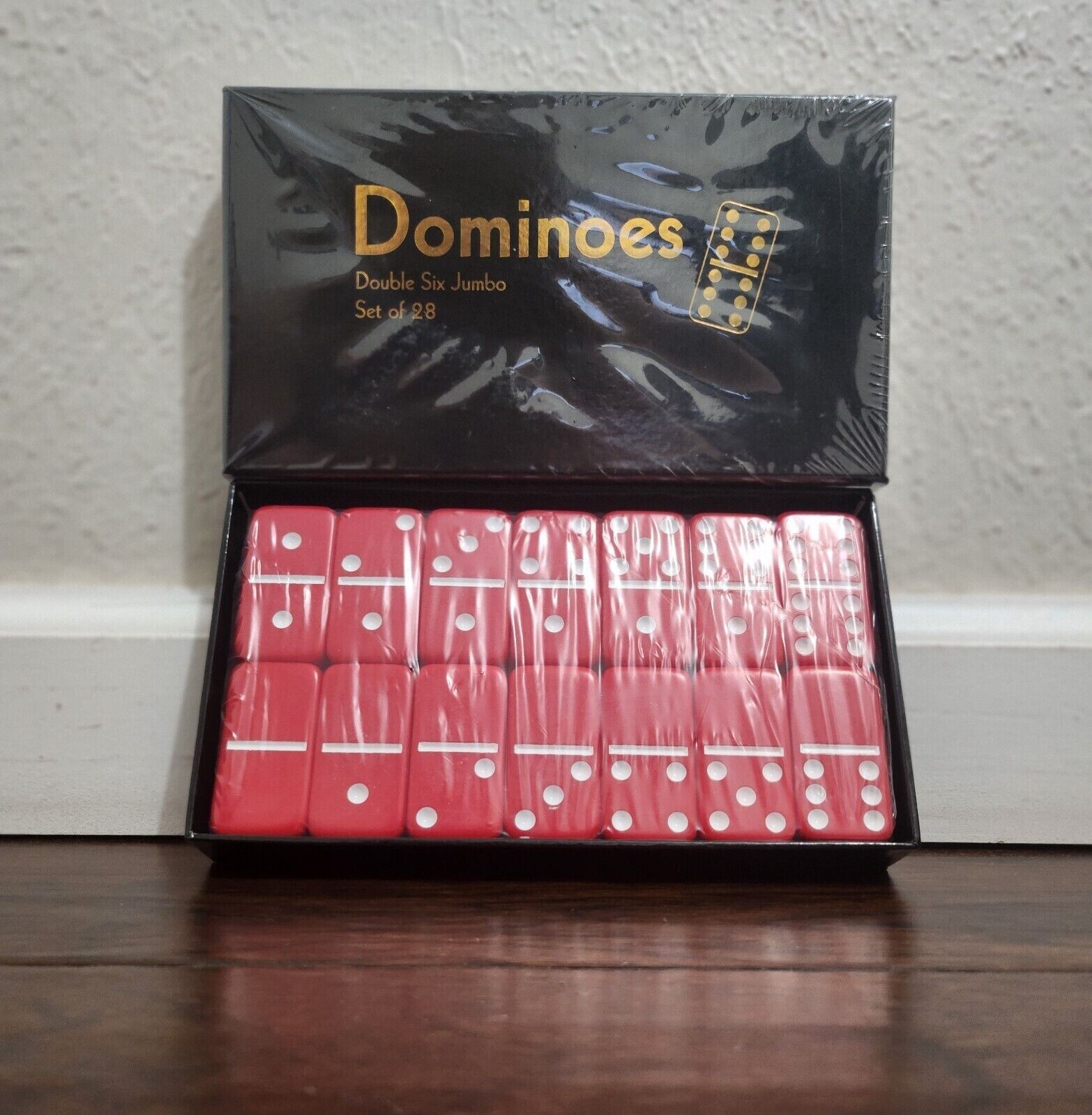 Dominoes Double Six Jumbo Set of 28 Red title w/White Dots (US Seller)
