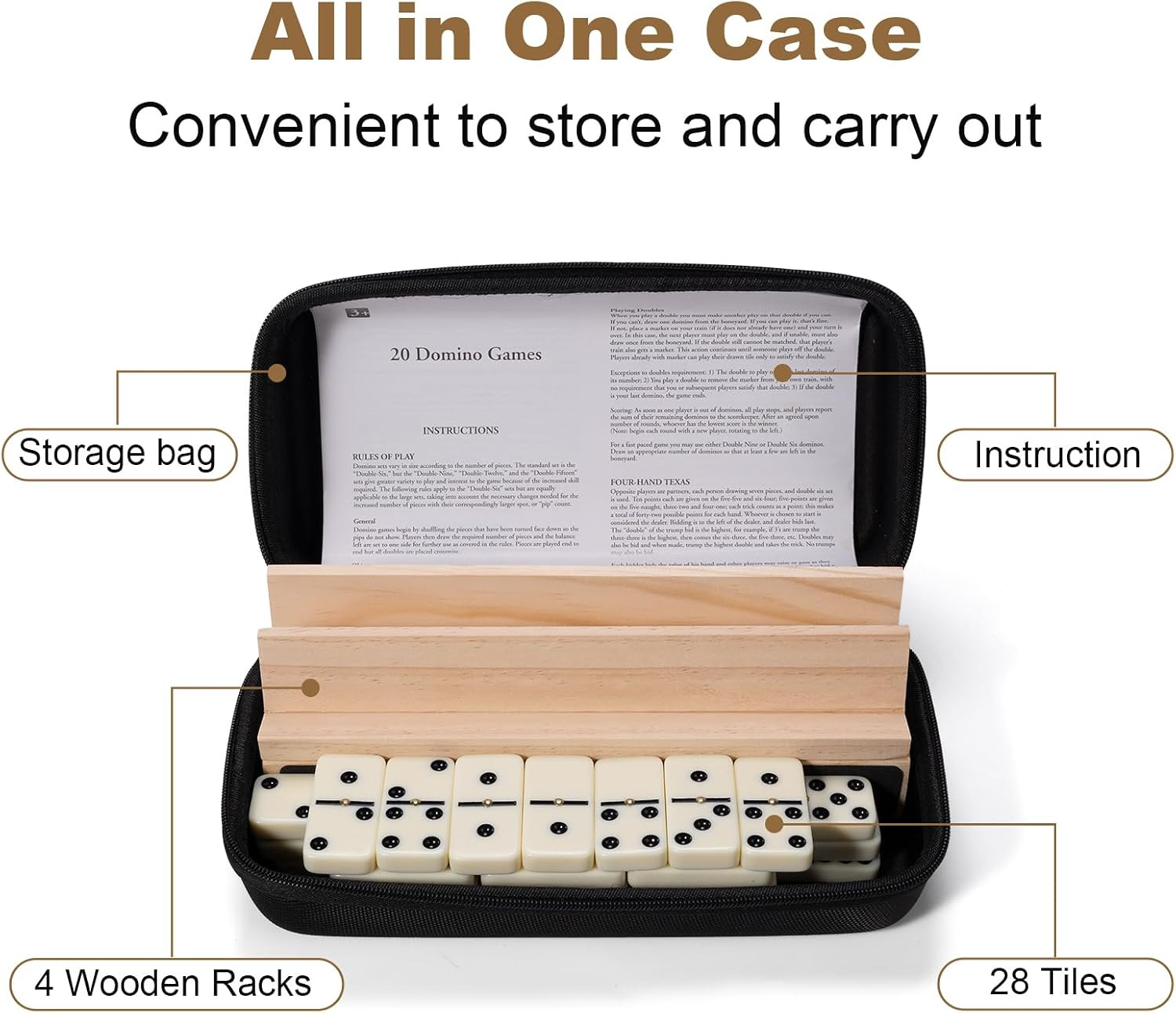 Double 6 Dominos Set for Adults with 4 Wooden Racks, 28 Tiles Classic Dominoes