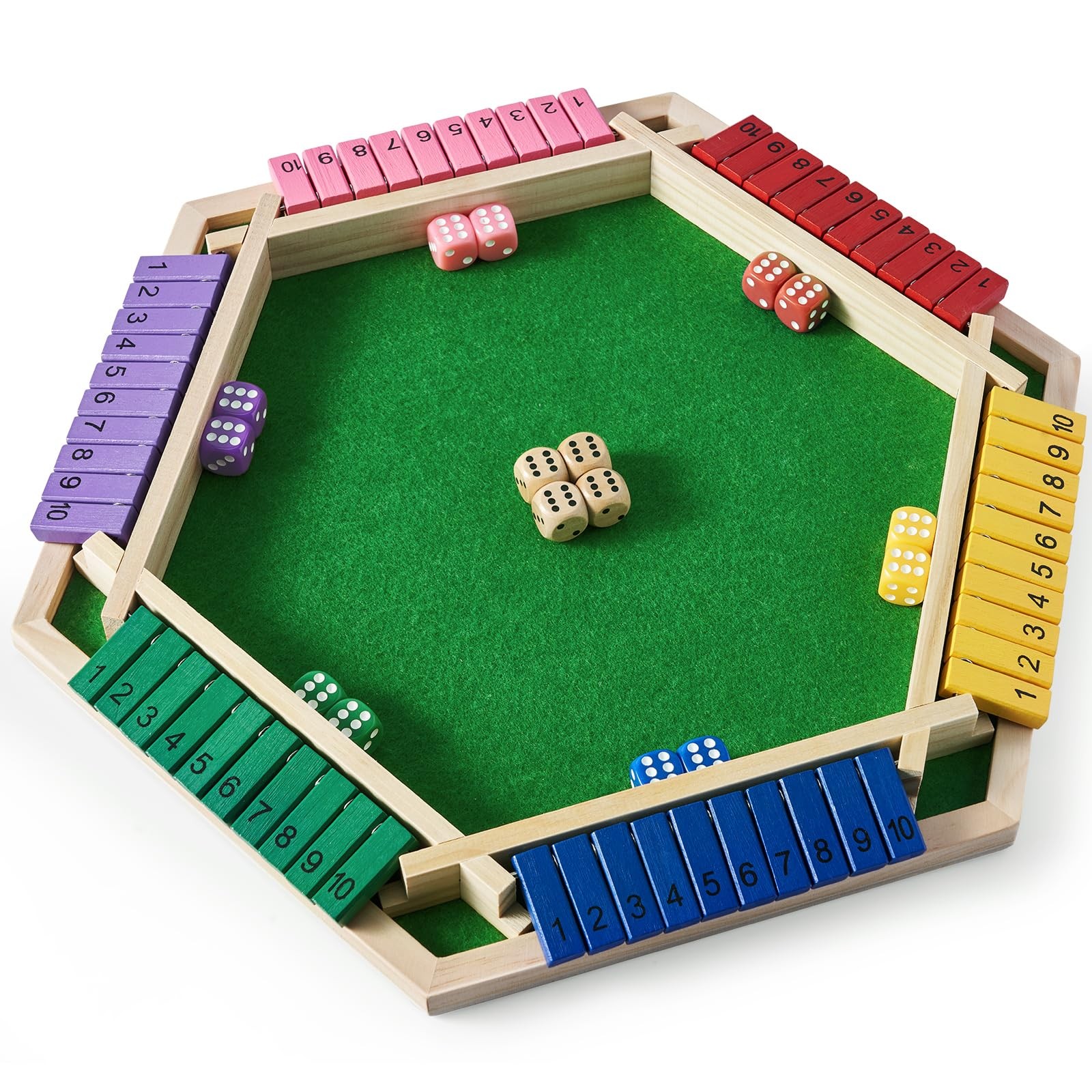 Shut The Box Game for 6 Player with 12+4 Dice – Colorful 6 Sided Wooden Board…