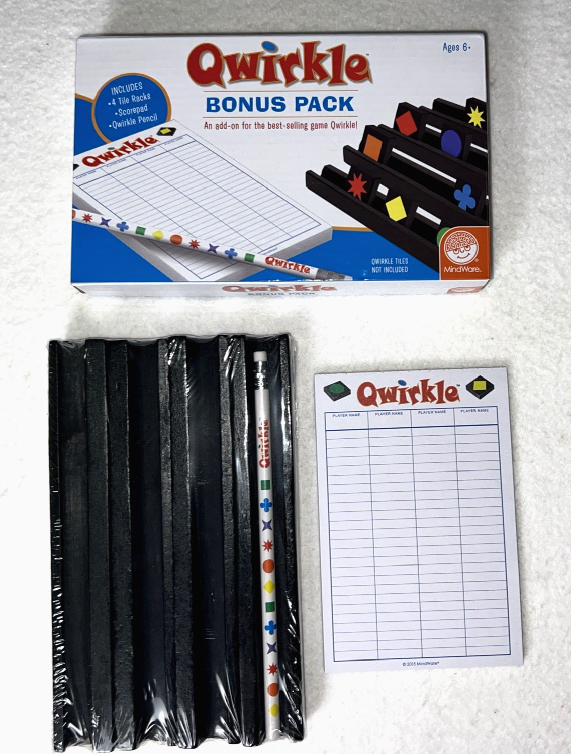 Qwirkle, BONUS PACK – Add-on Wood Tile Racks (4), Scorepad, Pencil – NEW sealed