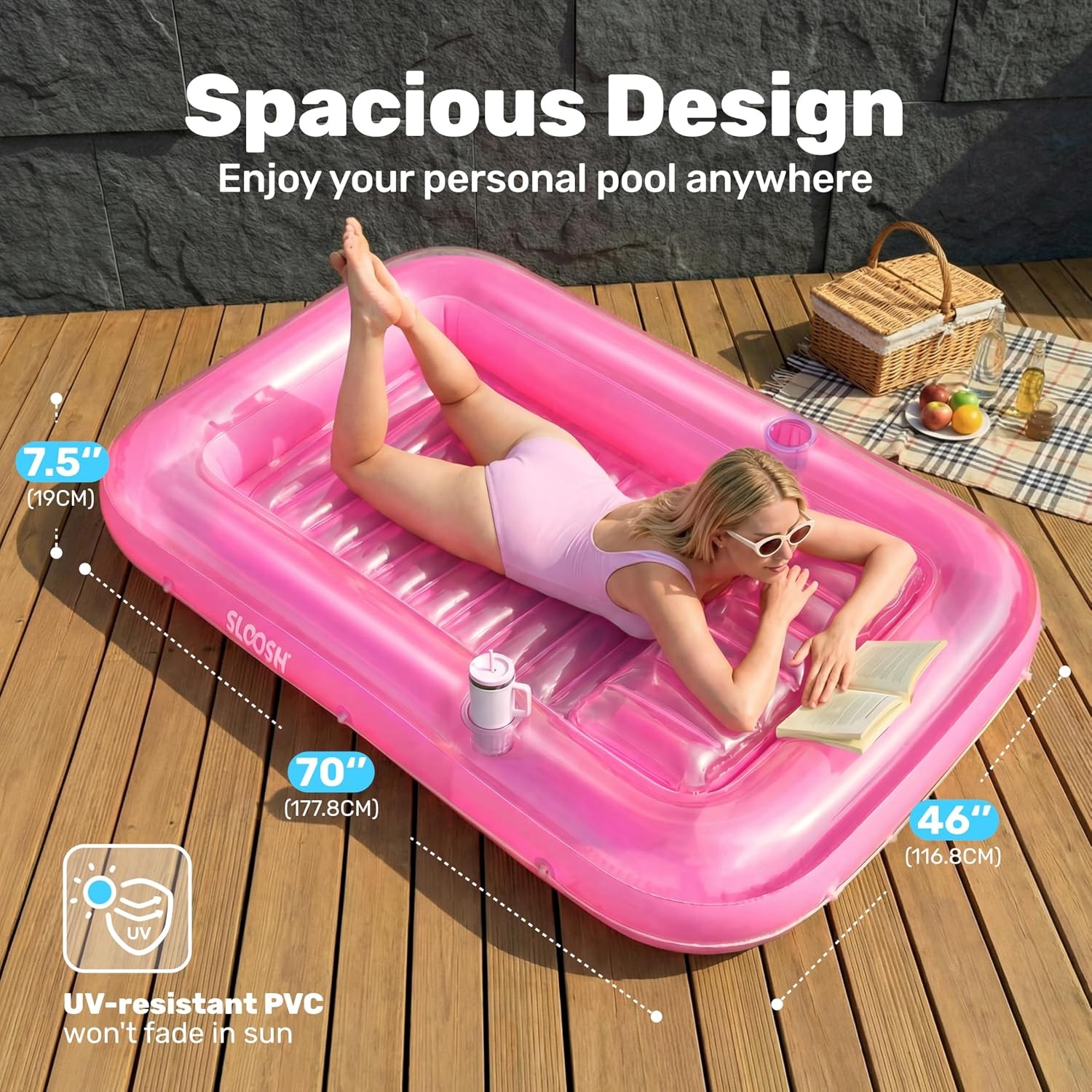 Pool Float Lounger 70 x 46 Inflatable Tanning Bed Large Pink SLOOSH Floats Adult