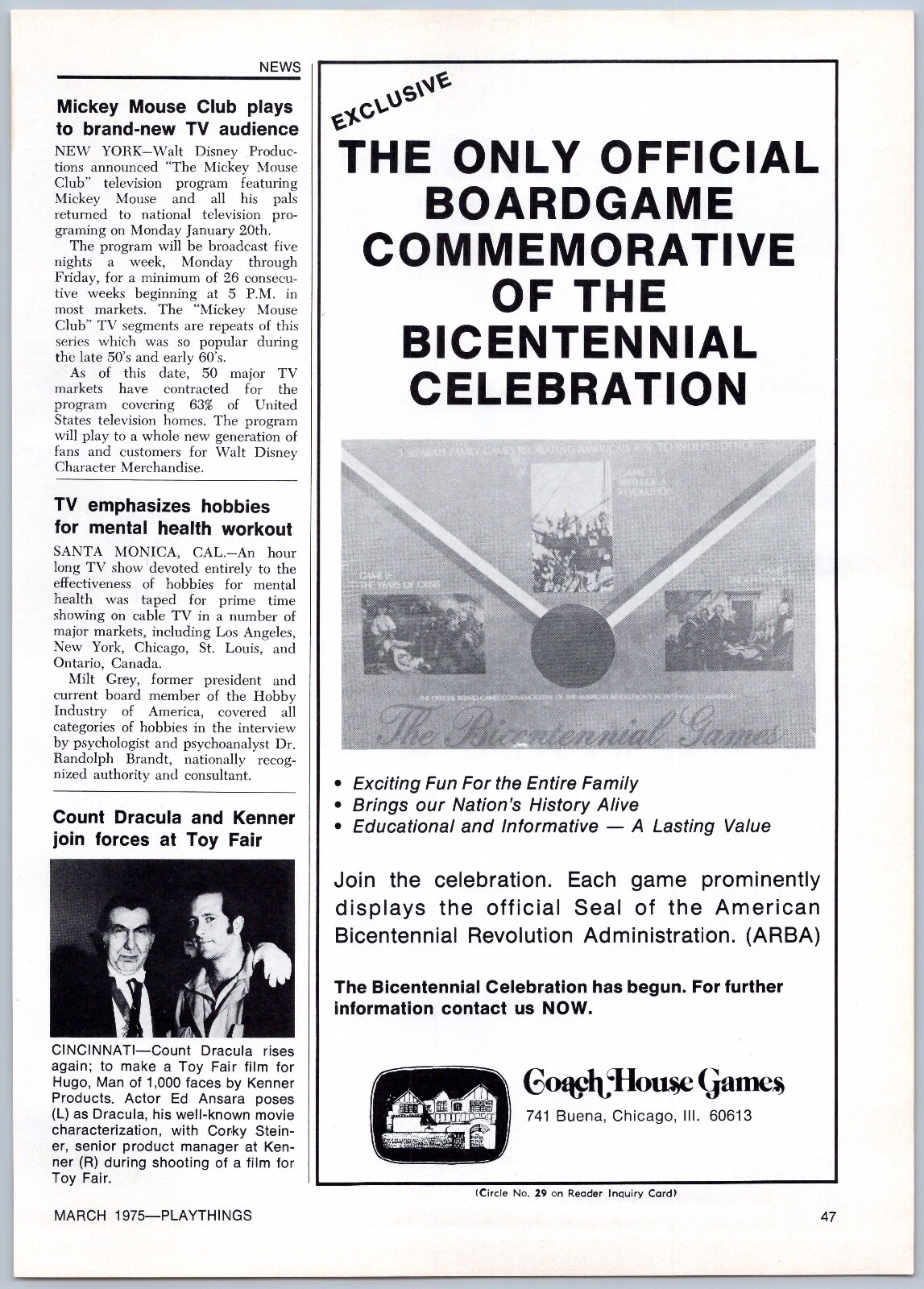 1975 Coach House Games Vintage Toy Ad Bicentennial Celebration Board Game