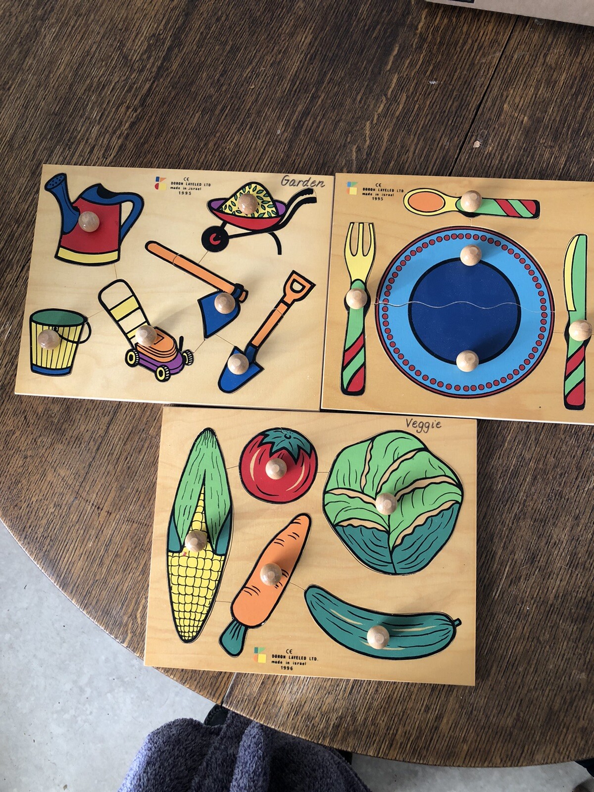 Lot of 3-Wooden Jumbo Peg Puzzles-Vintage Doron Layeled 1995/96 Made In Israel