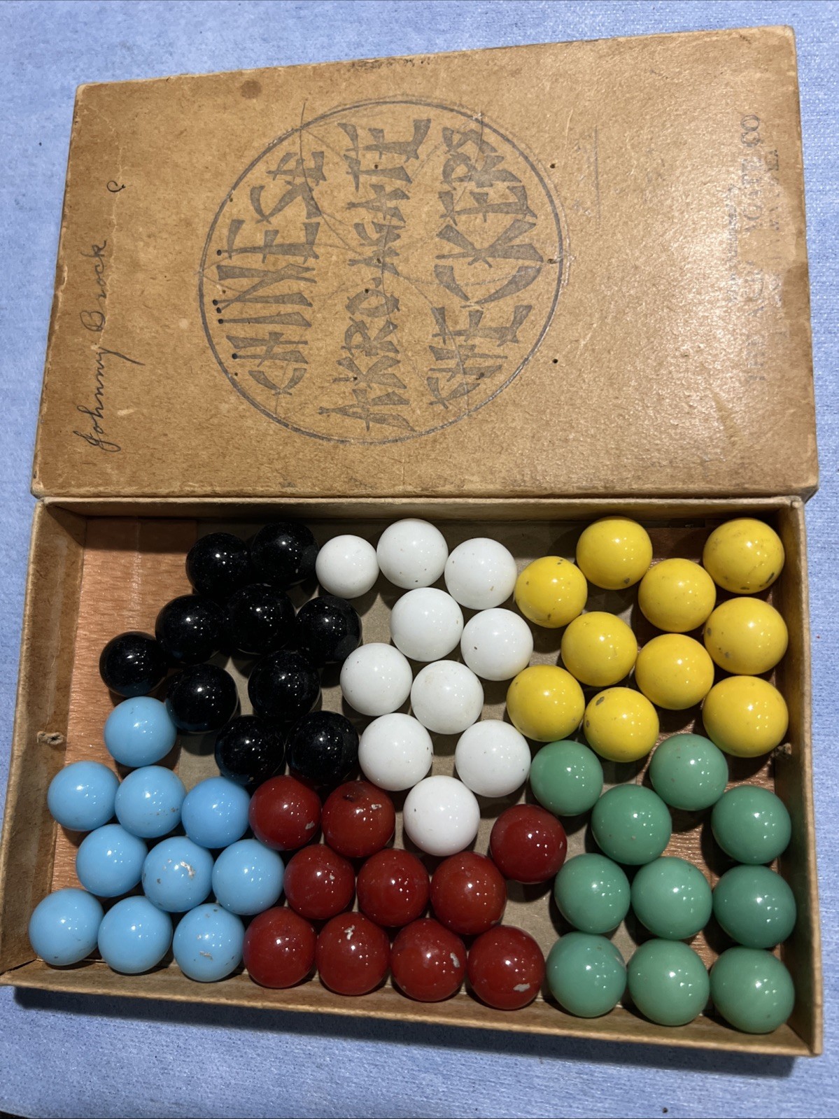 Vintage Chinese Alto Agate Checkers Set with Original Box and Marbles In Box