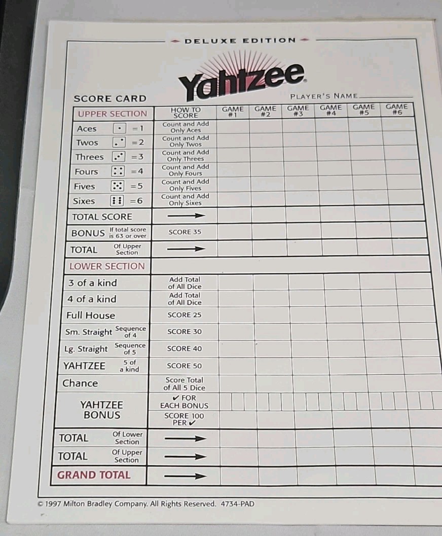 Yahtzee Deluxe Edition Gold Dice Vintage 1997 Game Shake, New Pencils Complete