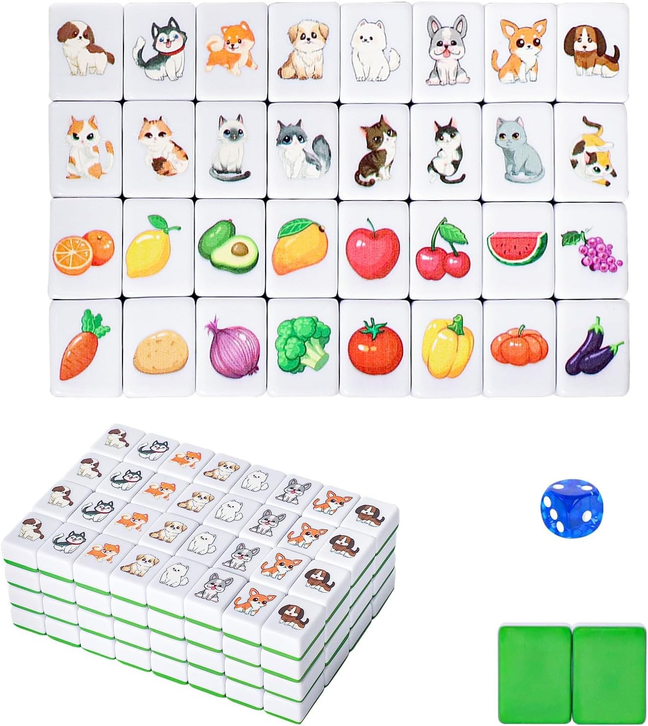 4 Players Mahjong Block Set, 128 Green Tiles(1.18”) with Animal and Food Pattern