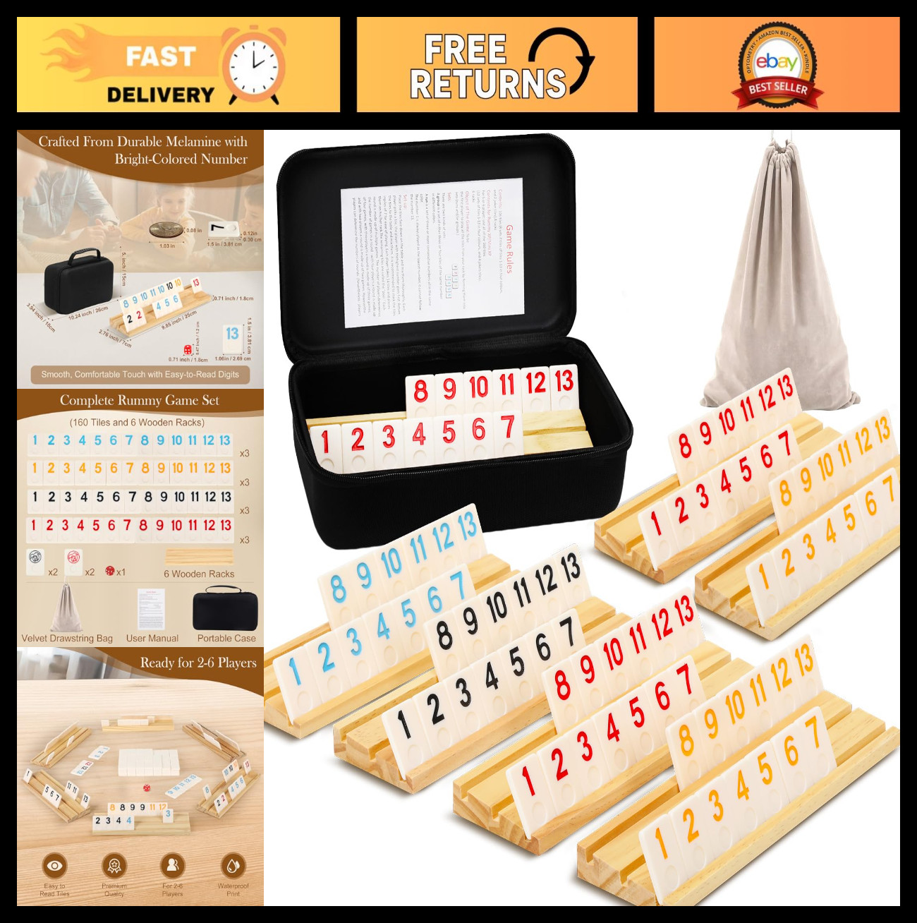 Rummy Game for 2-6 Players – 160 Melamine Tiles, Wooden Racks, Portable Case, Fu