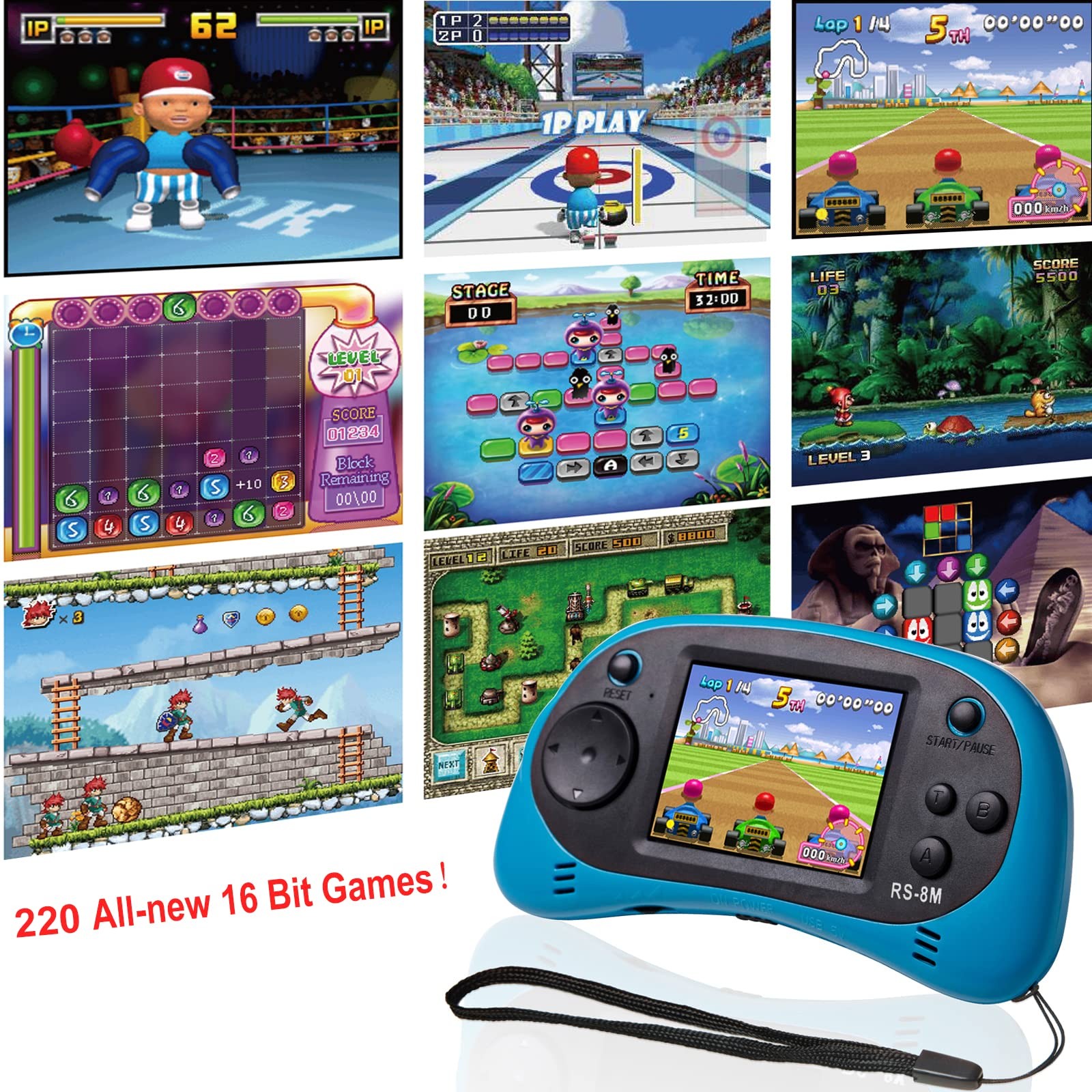Handheld Game Player 16 Bit 220 HD Video Games 2.5 Inch Blue Headphones Age 3-10