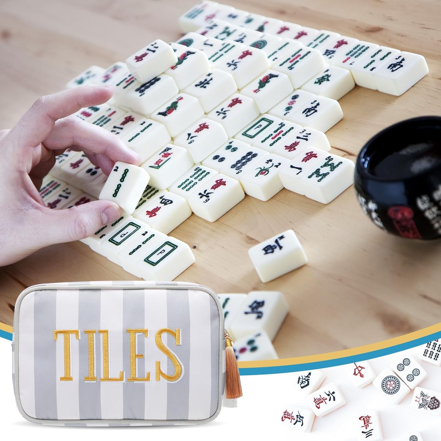 Sanwuta Mahjong Tile Bag with Zipper, Striped Embroidered Mahjong Storage Pouch