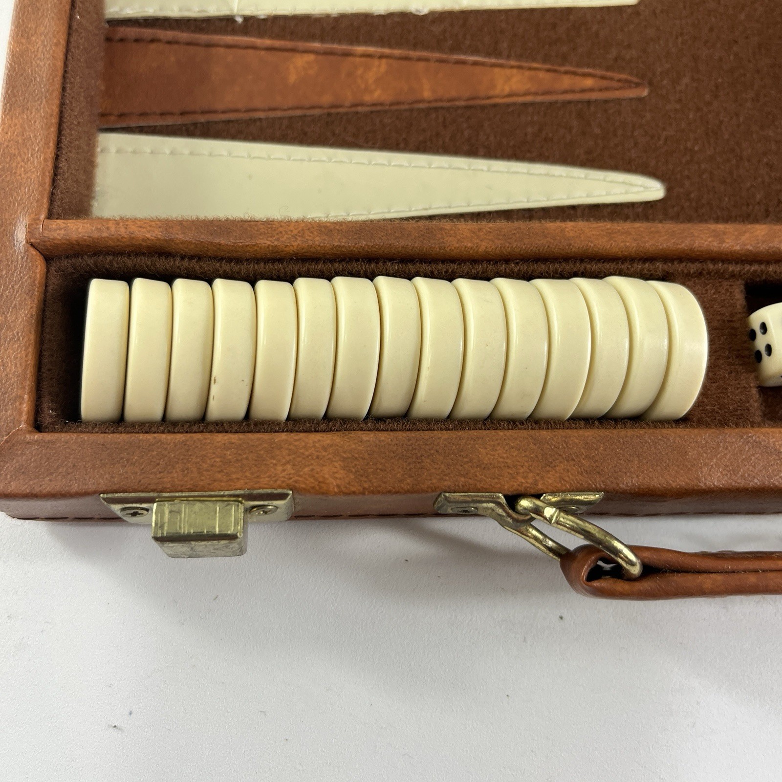 Backgammon Travel Case Game Complete Brown & White Faux Leather Vintage