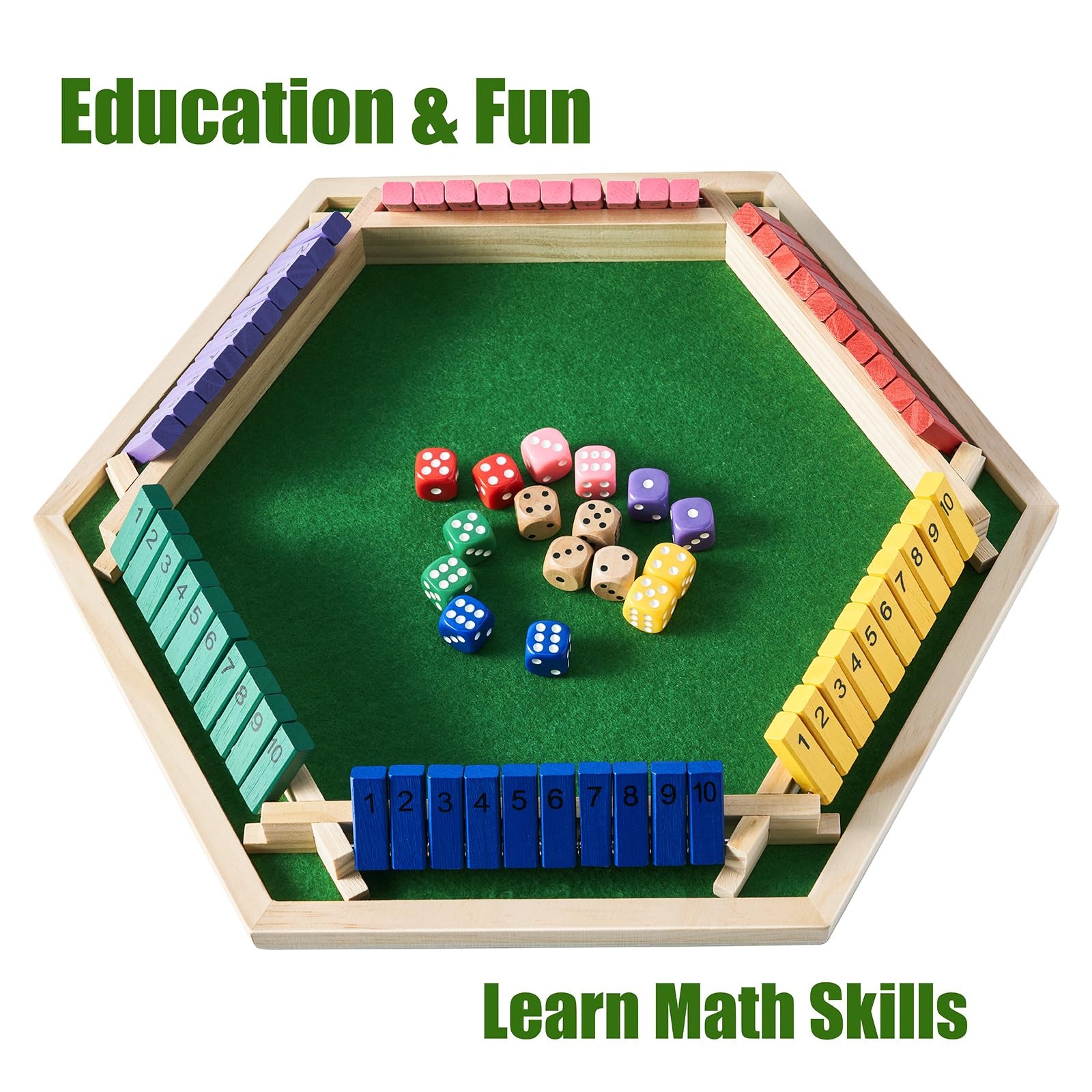 Shut The Box Game for 6 Player with 12+4 Dice – Colorful 6 Sided Wooden Board…