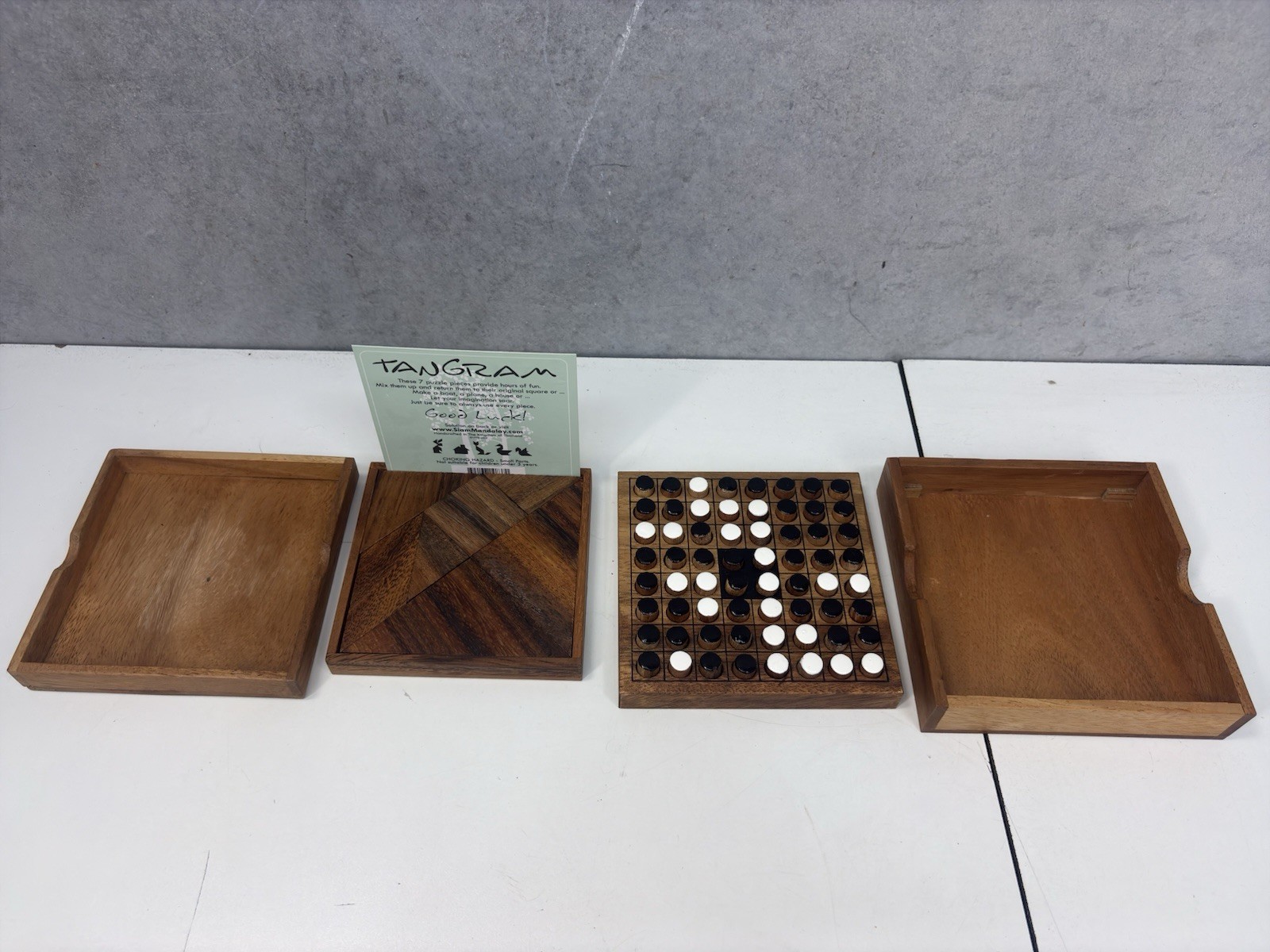 Lot of 2 SiamMandalay Wooden Tangram Puzzle & Peg Reversi Othello Travel Games
