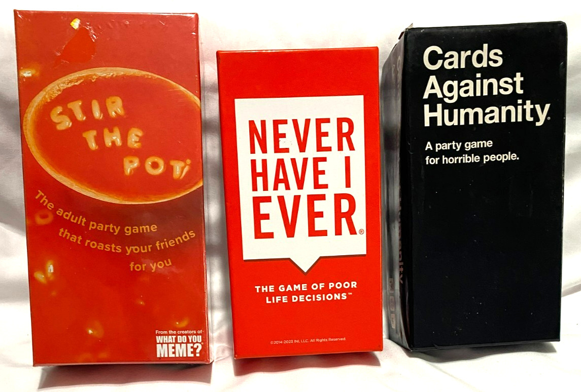 3 Adult Party Games Cards Against Humanity, Never Have I Ever, Stir The Pot