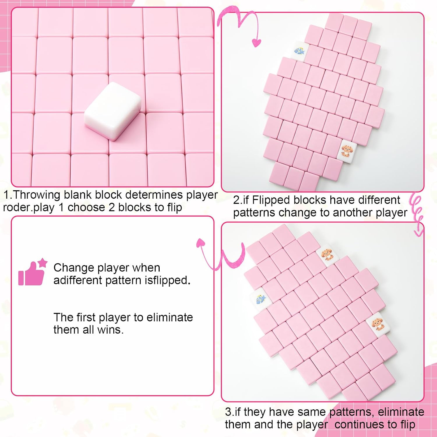 Pink 2 Player Mahjong Block Set, 50 Pcs of Mahjong Tile Game with 12 Different P