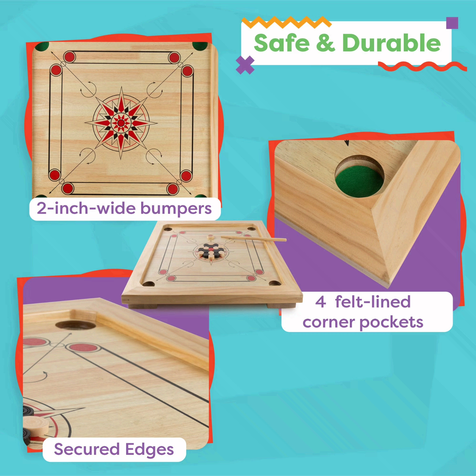 Rockin’ Rollers Carrom Board Game with Coins and Strikers, Wooden Board Game Set