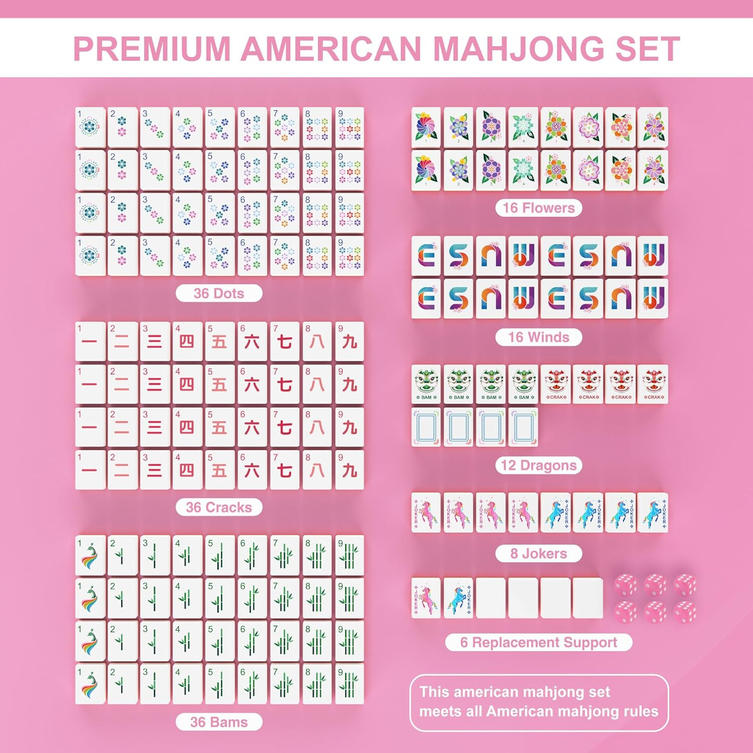 American Pink Mahjong Tile Set – Mah Jongg Tiles Game Sets – 166 Complete Cute T
