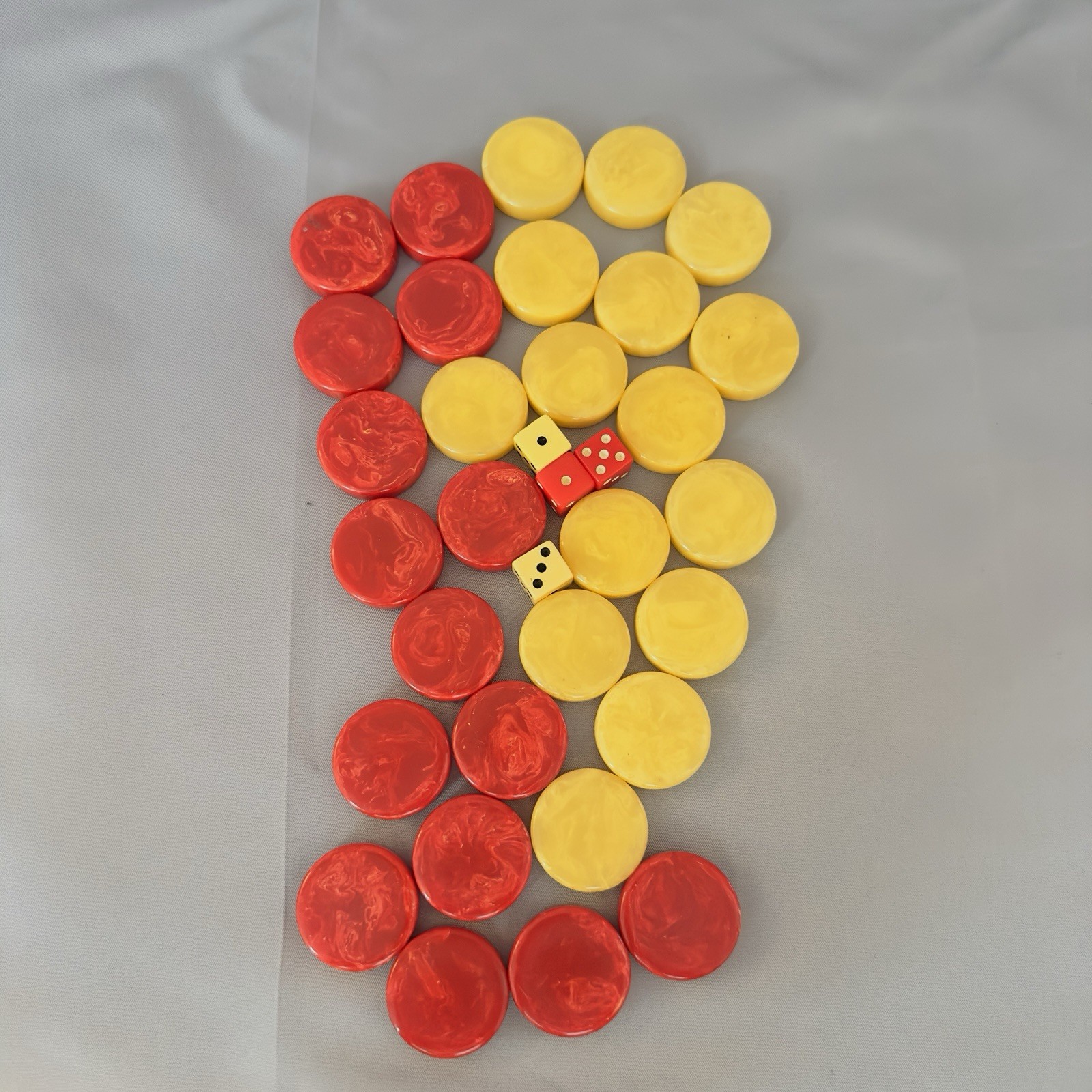 Bakelite Backgammon Checkers Set 30 Pieces Red Yellow Butterscotch Swirl w Dice