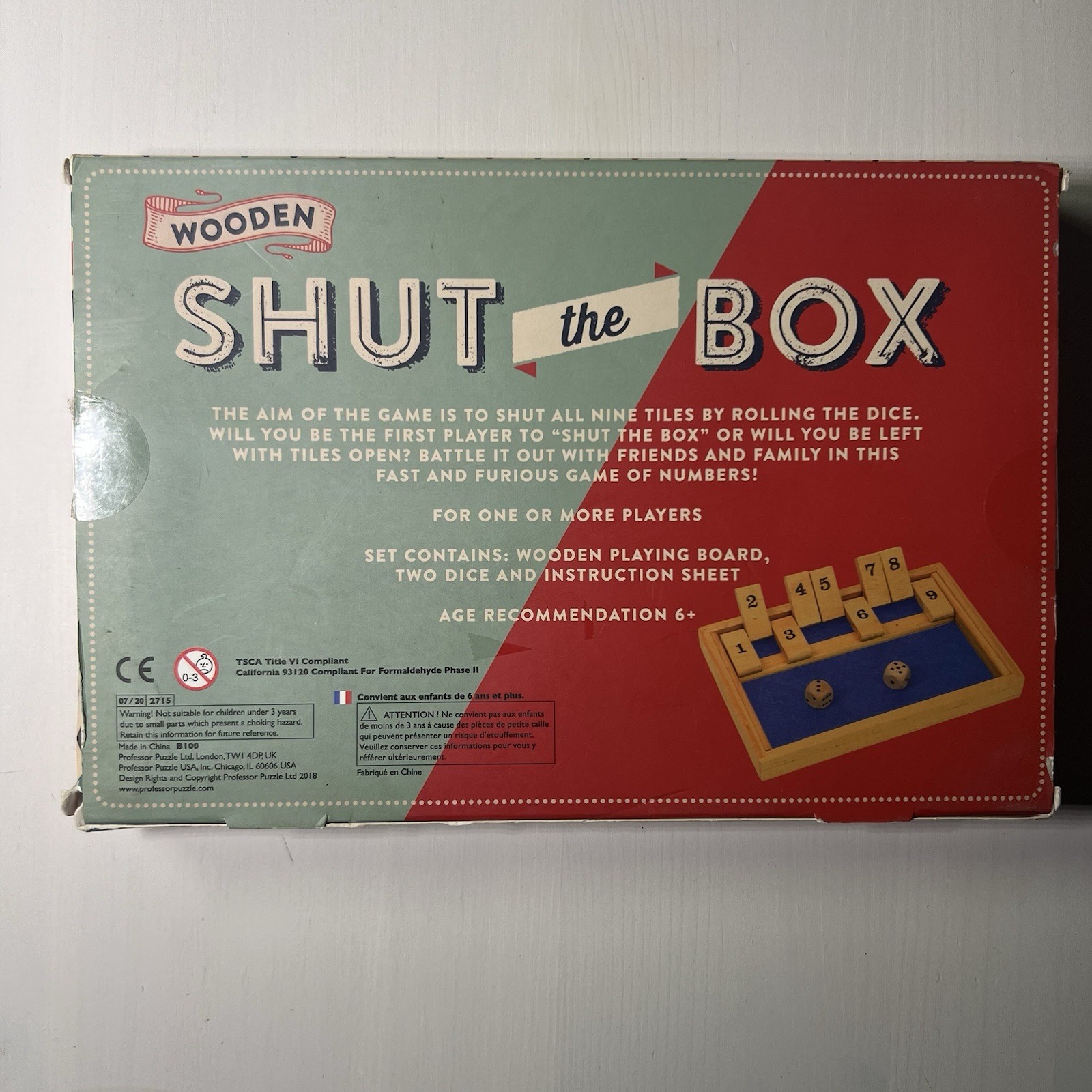 Wooden SHUT The BOX Classic Two-Dice Wood Strategy Game 9⅜ x 6¼ Professor Puzzle