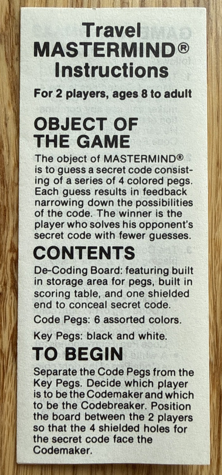 Travel Mastermind Vintage 1988 Pressman Games-To-Go Complete Puzzle Game