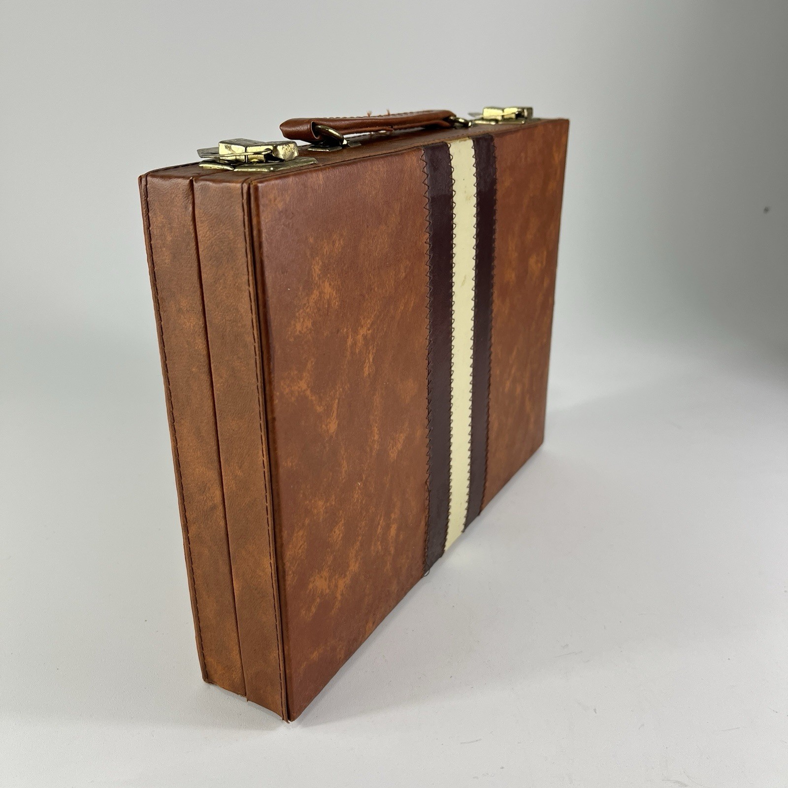 Backgammon Travel Case Game Complete Brown & White Faux Leather Vintage