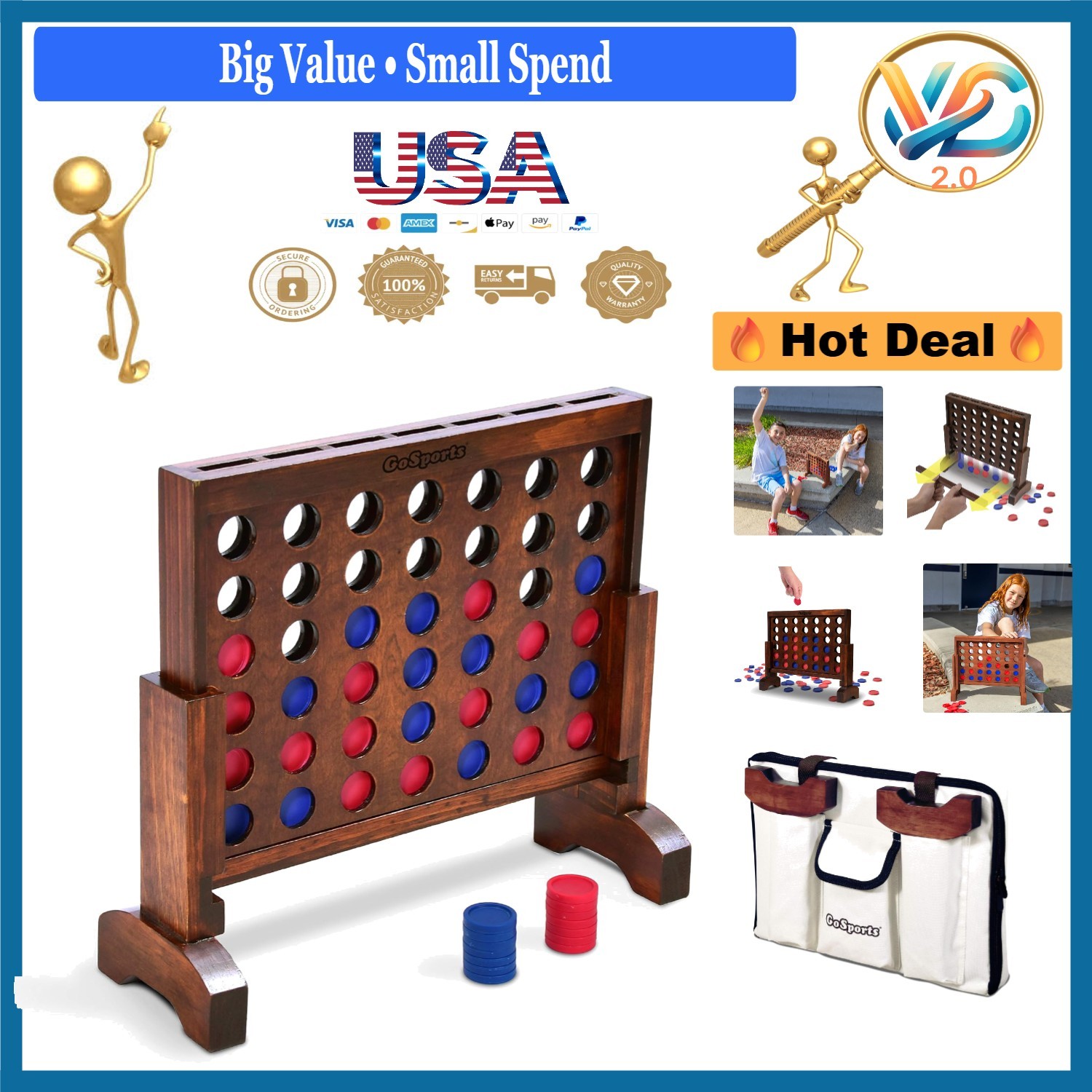 Hand-Stained Wooden 4 in a Row Game Brown 14 Inch Portable Case