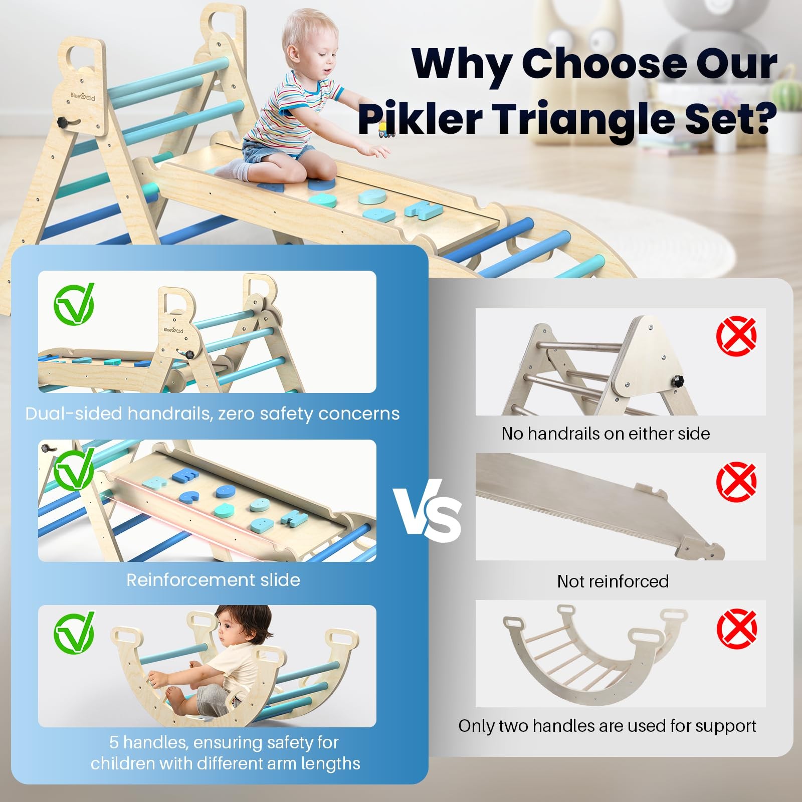 Foldable Wooden Pikler Triangle Climber Toddler Playground Jungle Gym Sky Blue