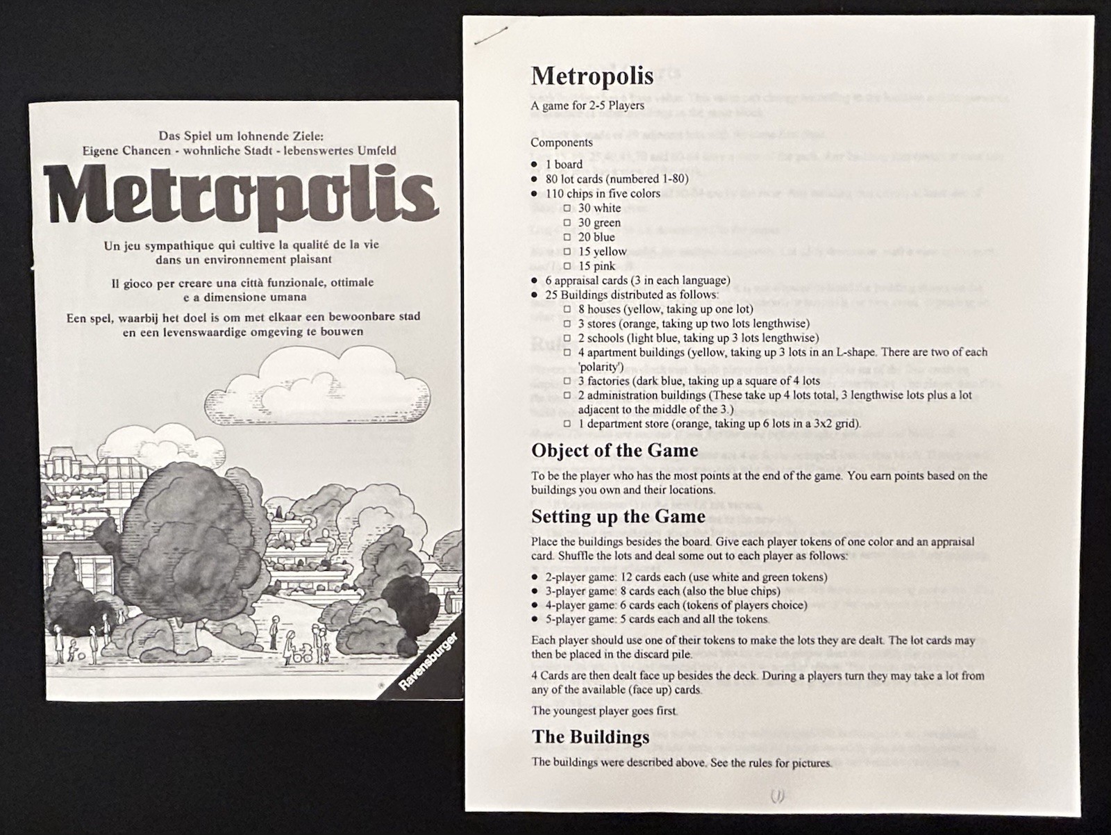 MTROPOLIS Board Game Ravensburger German, French, Italian, Dutch, English Rules
