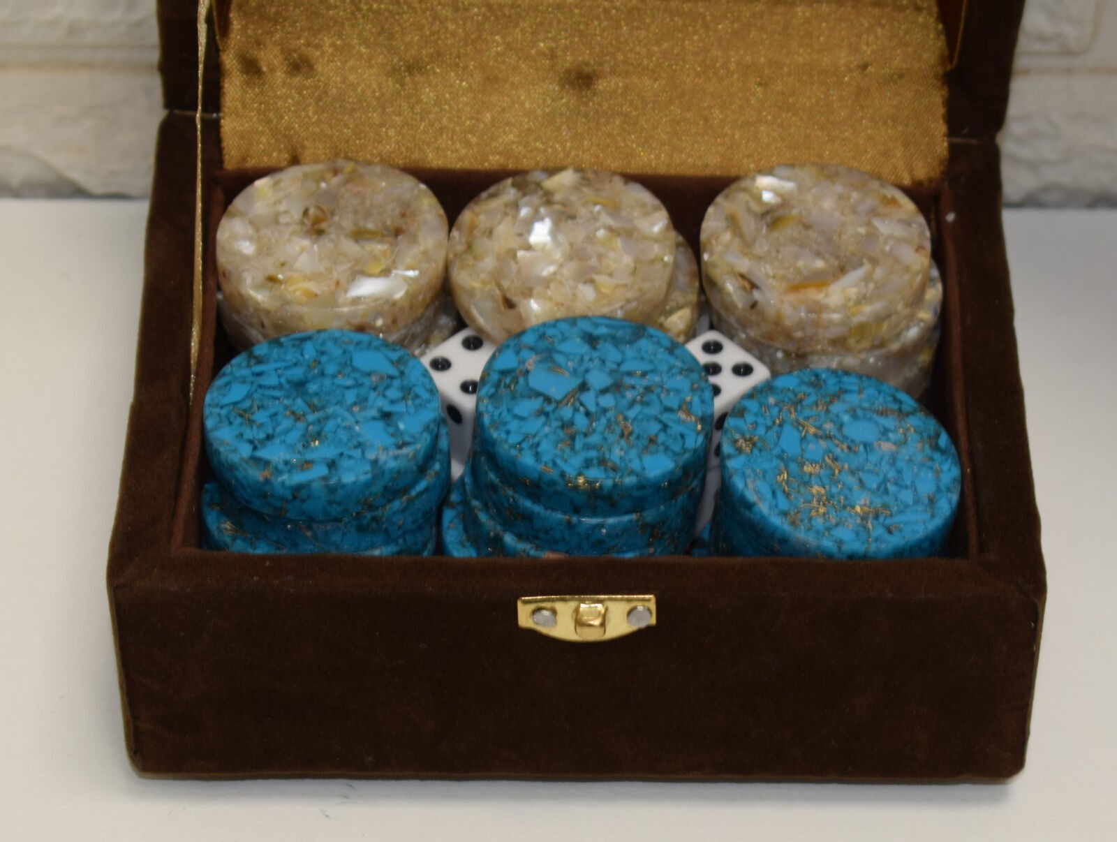 Egyptian Mother of Pearl & Turquoise Inlaid 30 Backgammon Chips, Backgammon Set
