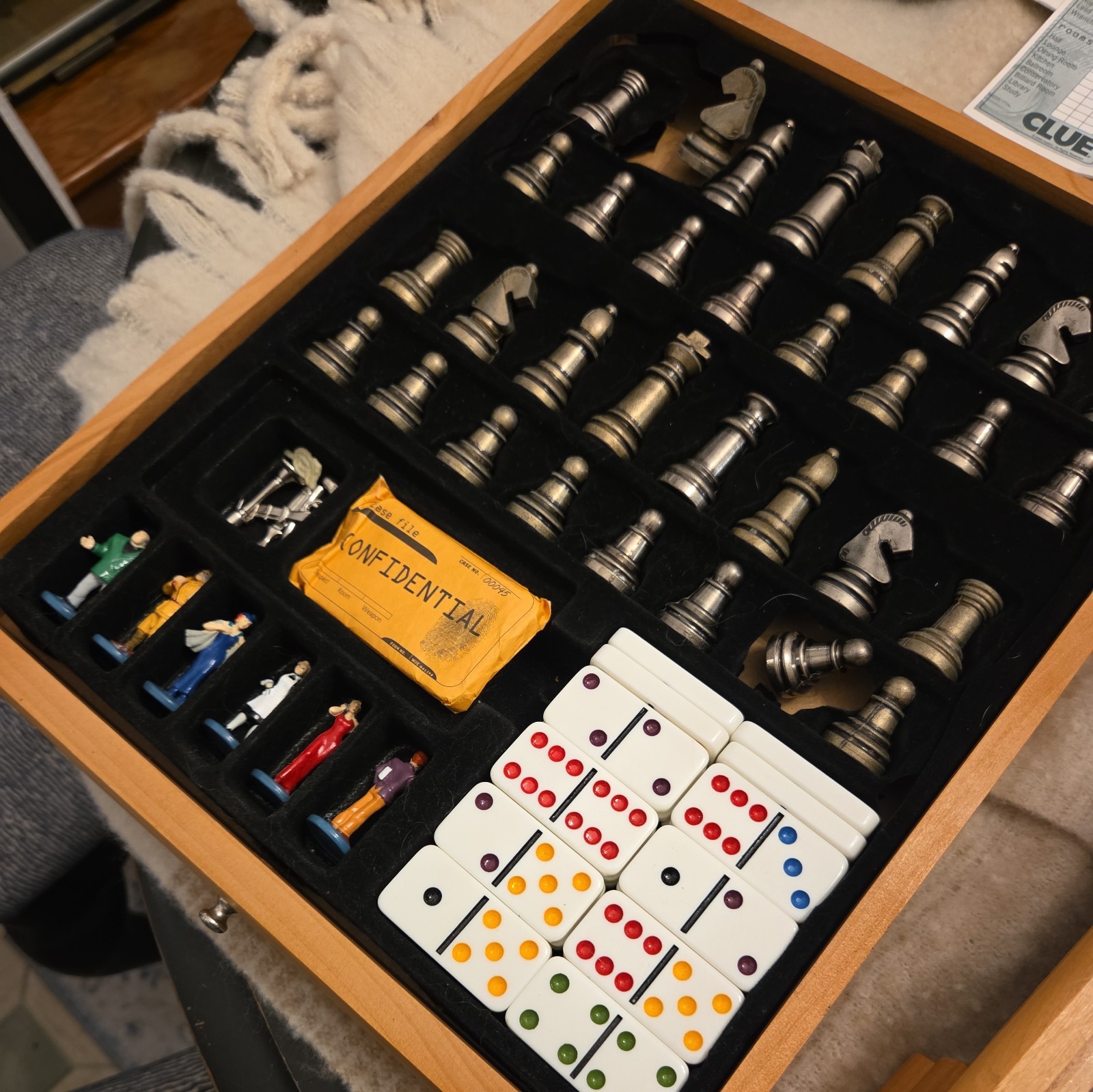 Vintage Monopoly Clue +6 Classic Games Wood Cabinet Used 2004 Chess checker etc