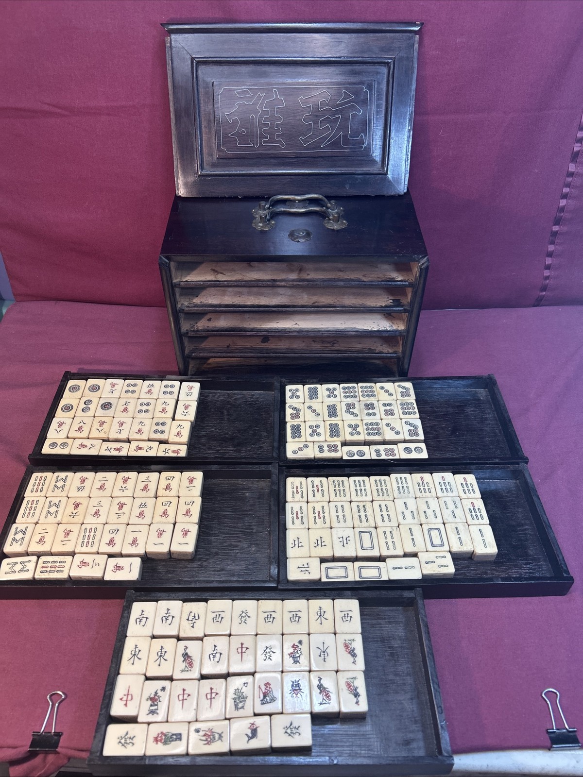 Vtg Chinese Mahjong Tiles Set w Characters Inlay Drawers Box Chest