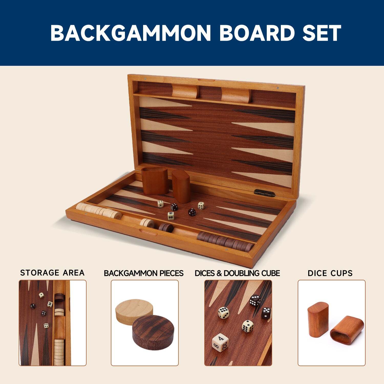 Classic 21″ Large Wood Backgammon Board Game Set. Inlay Focus Board w/Game Piece