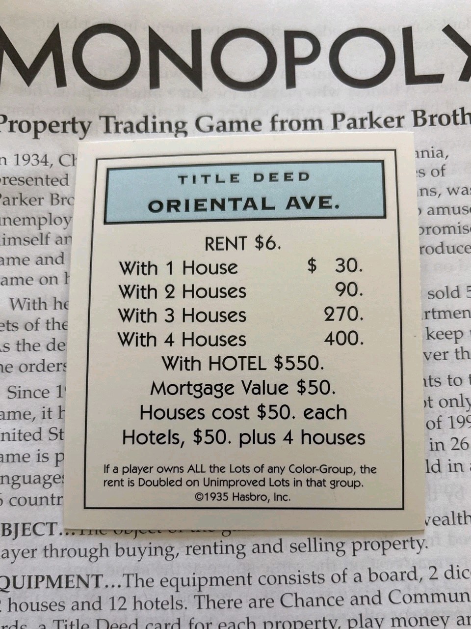VTG 1999 Monopoly Oriental Ave Light Blue Title Deed Card Game Piece Part