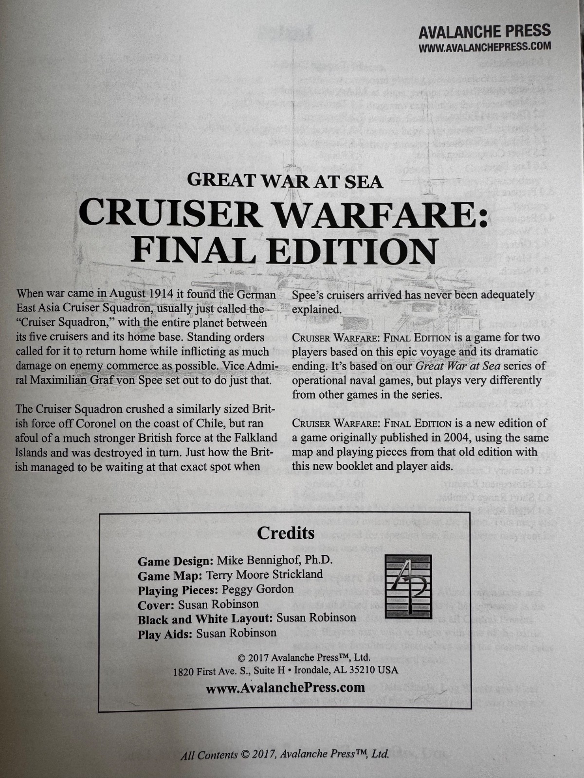 Avalanche Press Cruiser Warfare Great War at Sea incomplete game