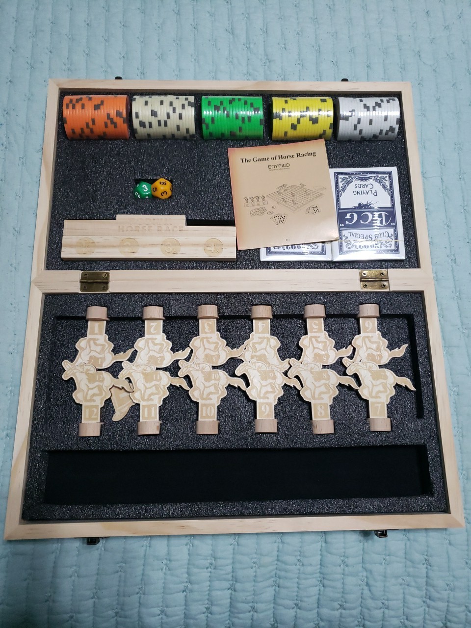 Horse Race Board Game – Solid Wood Horses Chips Cards Dice – New