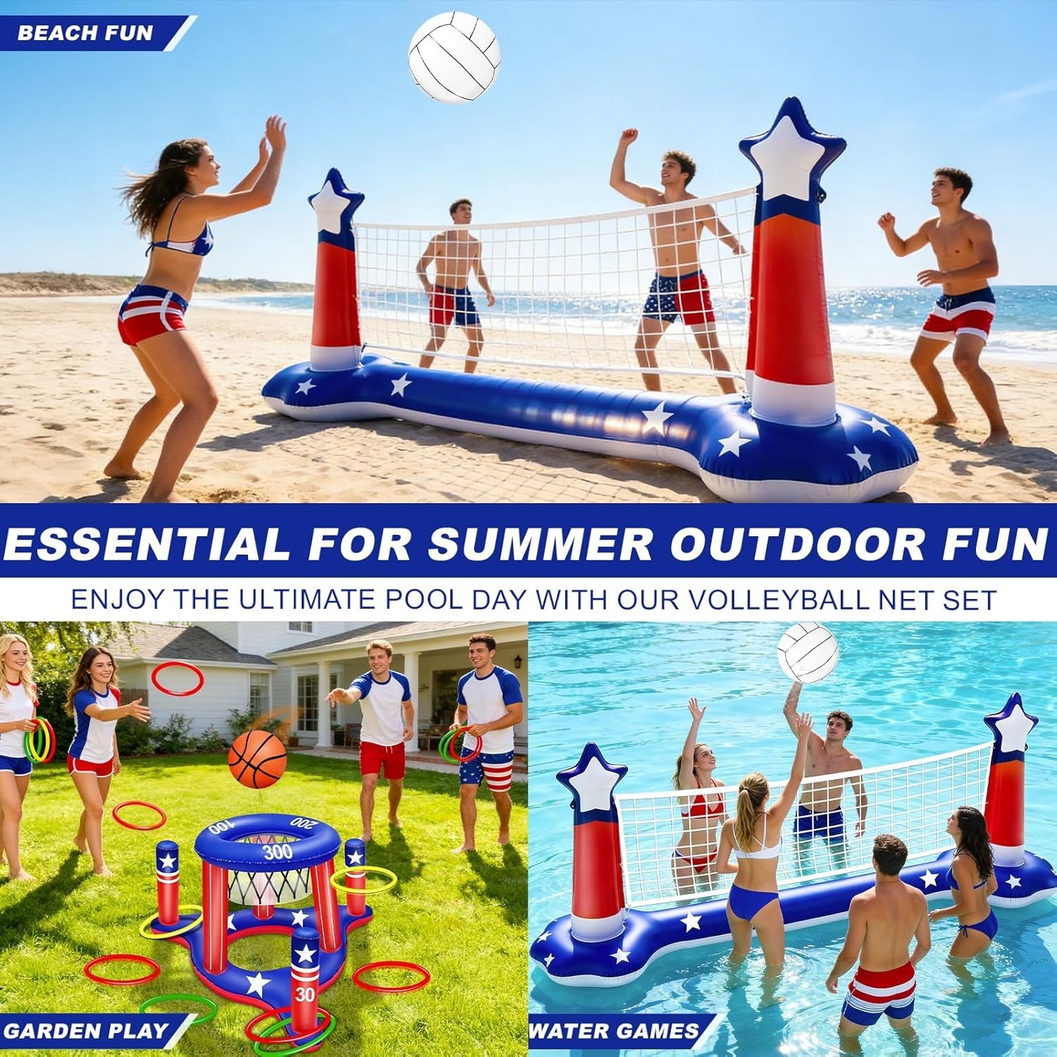 4th of July Pool Games Set Inflatable Water Sport Toys Patriotic 3-in-1 Large