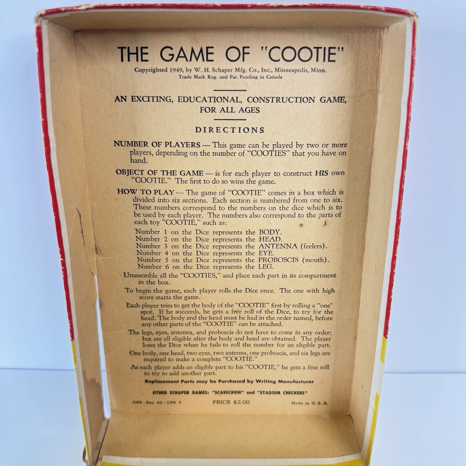 Vintage Bug Game: “Cootie” 1949 Original Box W.H. Schaper MFG. Complete.