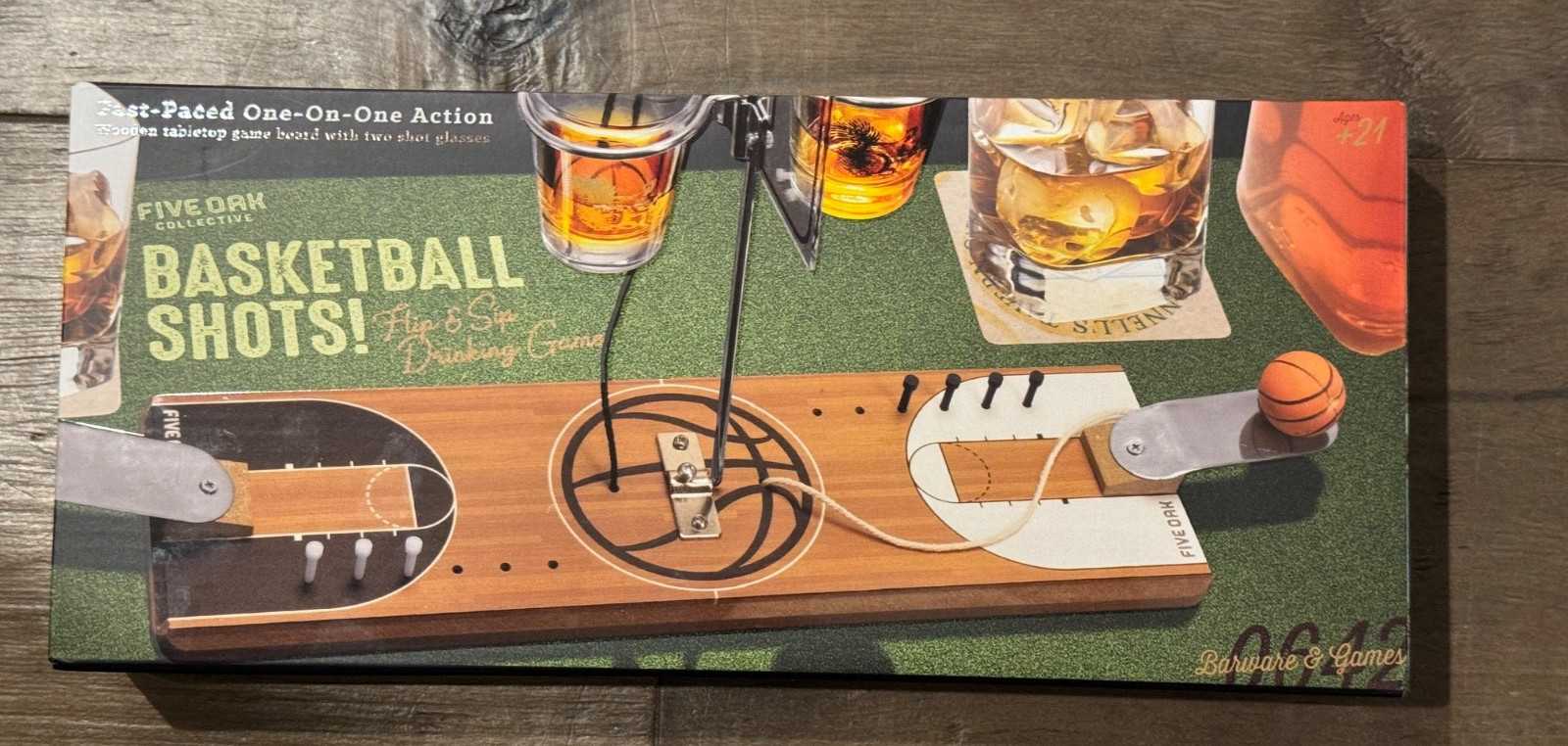 Five Oak Collective Basketball Shots Wooden Game Board With Two Shot Glasses