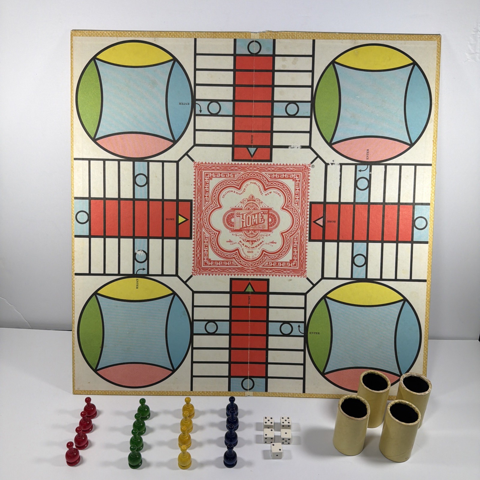 VTG Parcheesi Royal Game India Selchow & Righter Board Wooden Pieces Dice Cups