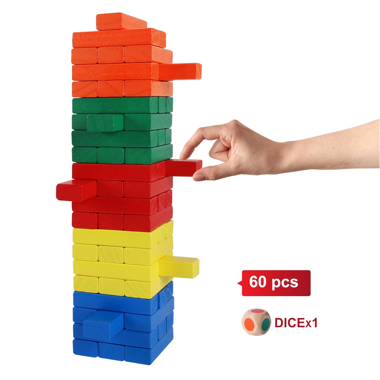 Wooden Blocks Stacking Game with Storage Box, 60PCS Toppling Colorful Tower B…