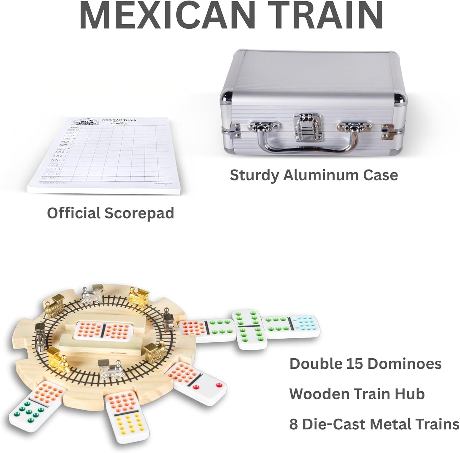 NEW Mexican Train Dominoes Set Double 15 Color Dots w Hub Trains Case