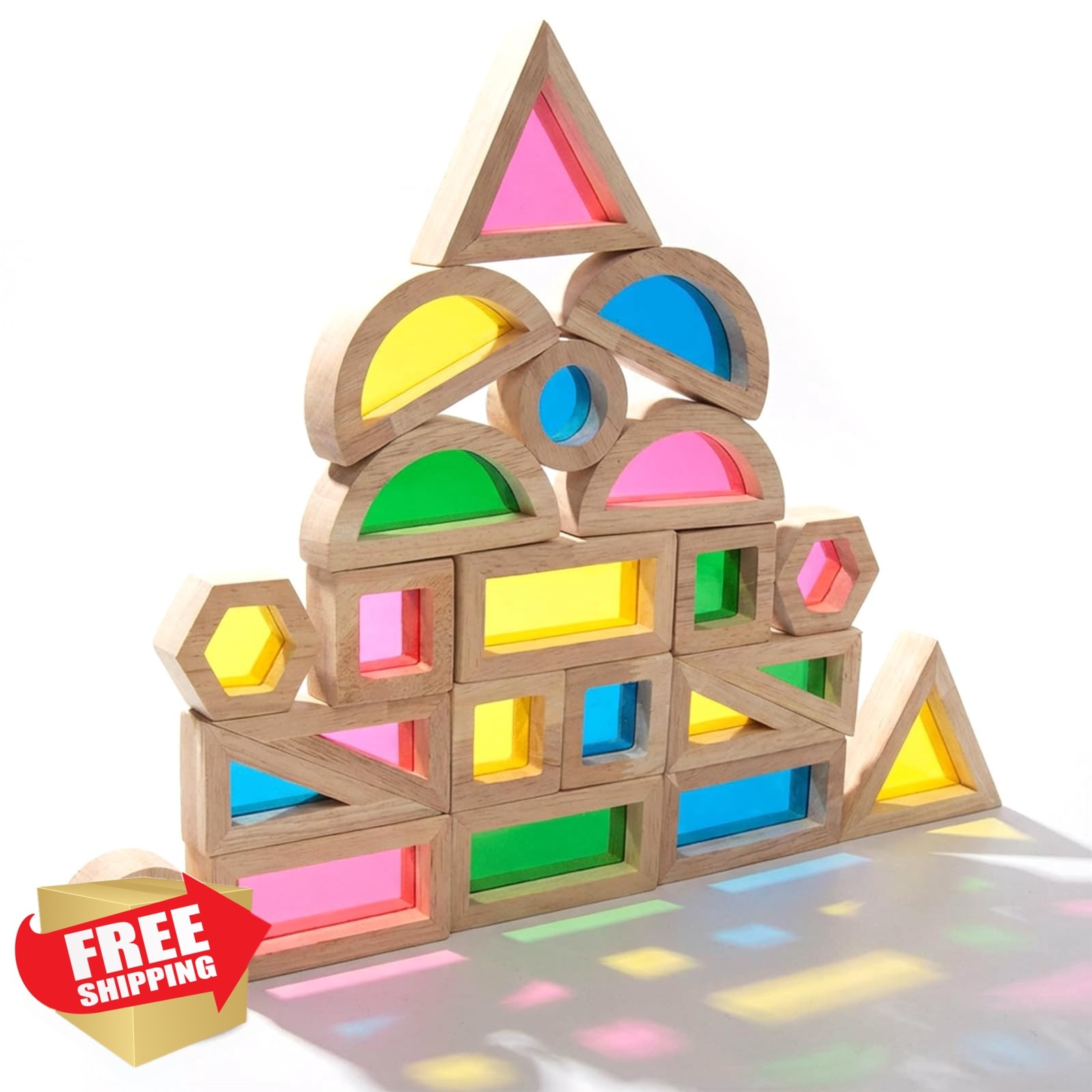 WOODENFUN 22pcs Wood Blocks Rainbow Stacker Game