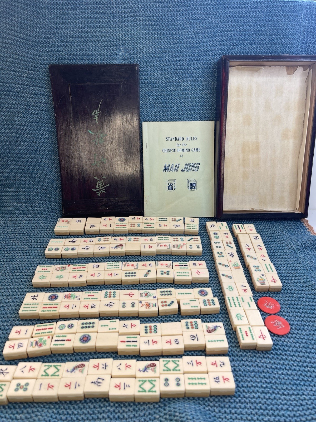Antique 1920s Chinese Mahjong Set Bone & Bamboo Dovetail Tiles VTG